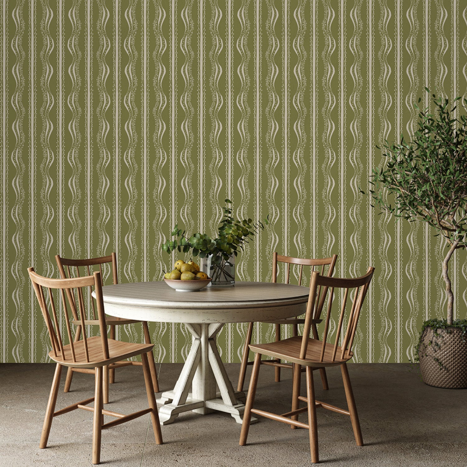 Decorative Waves Olive Green, Wallpaper