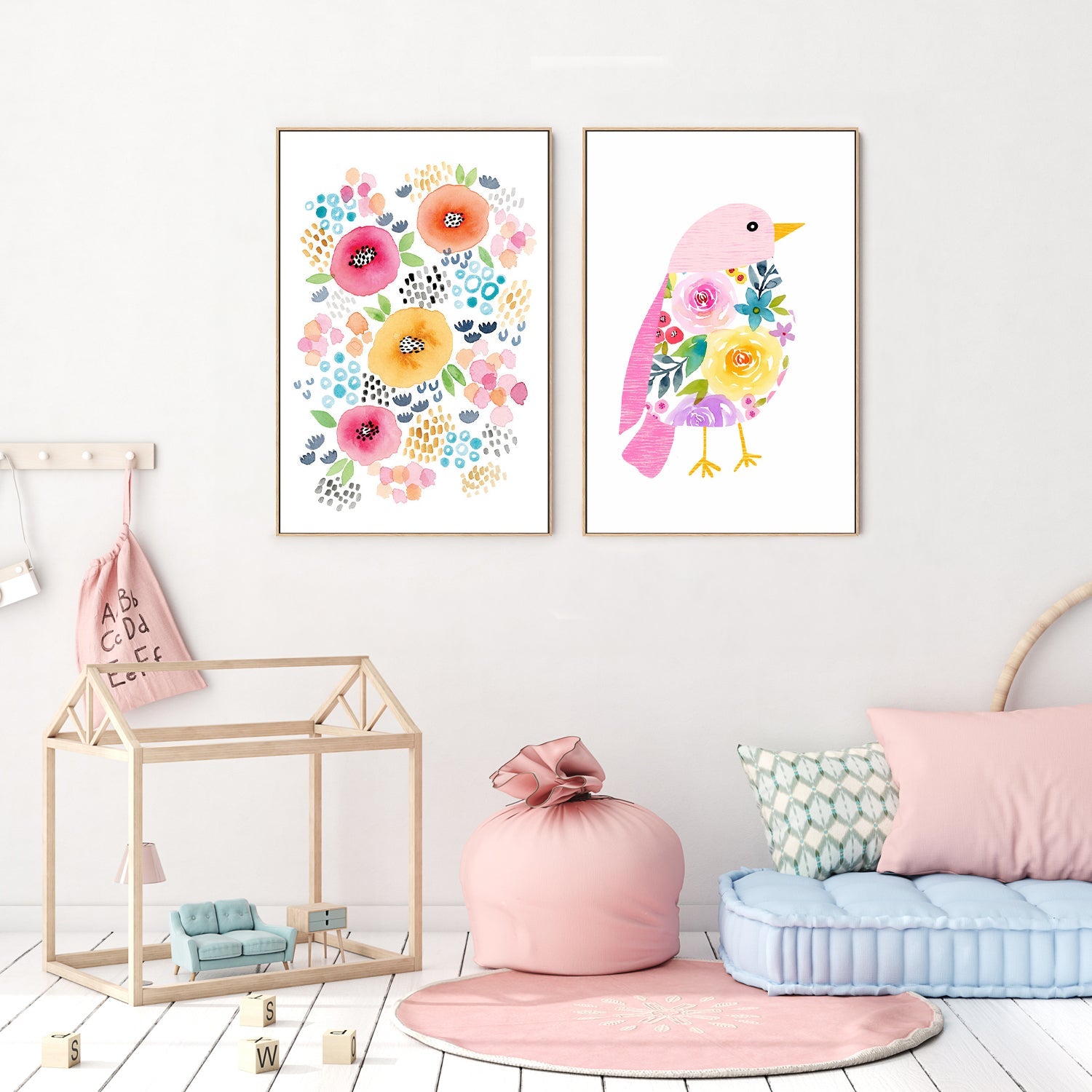 Abstract Floral with Pink Bird, Set of 2 , By Lisa Nohren