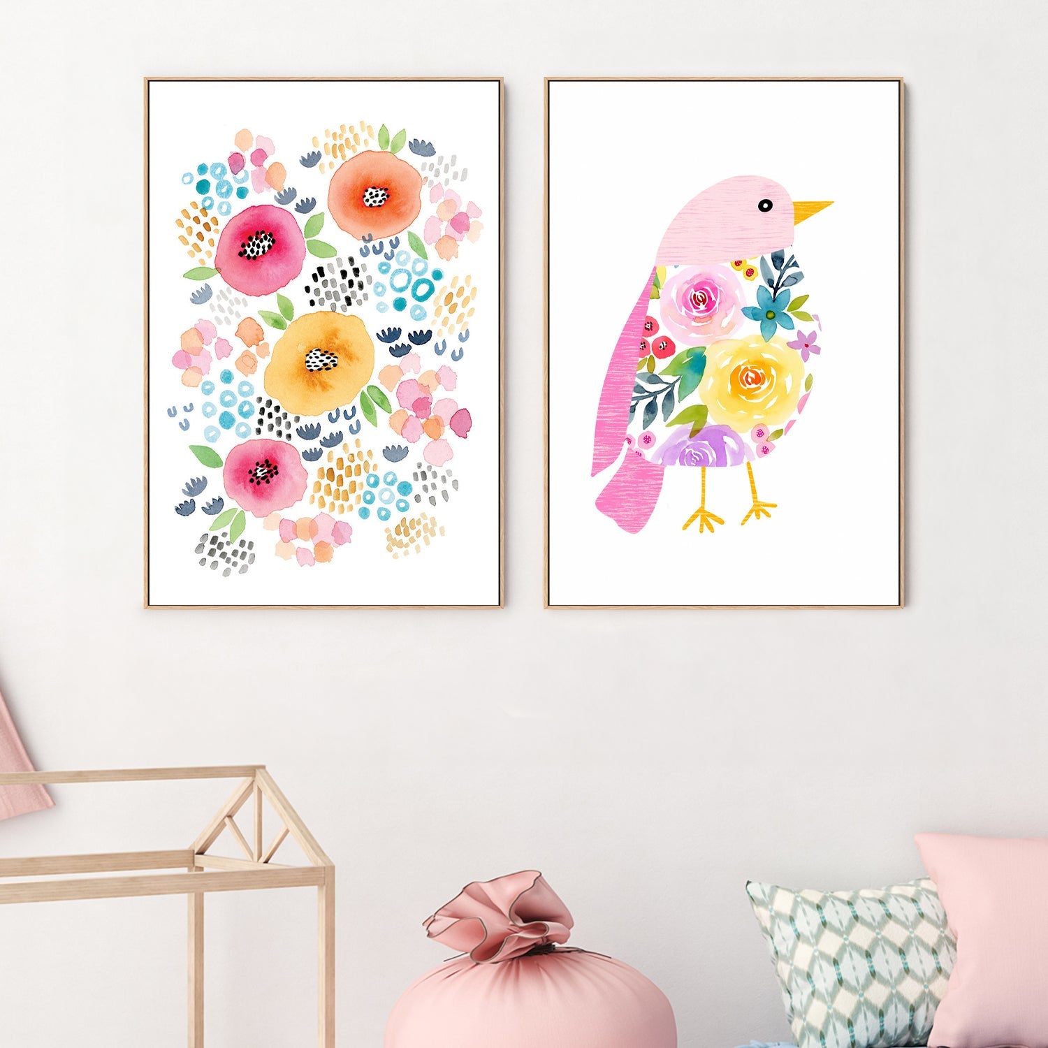 Abstract Floral with Pink Bird, Set of 2 , By Lisa Nohren