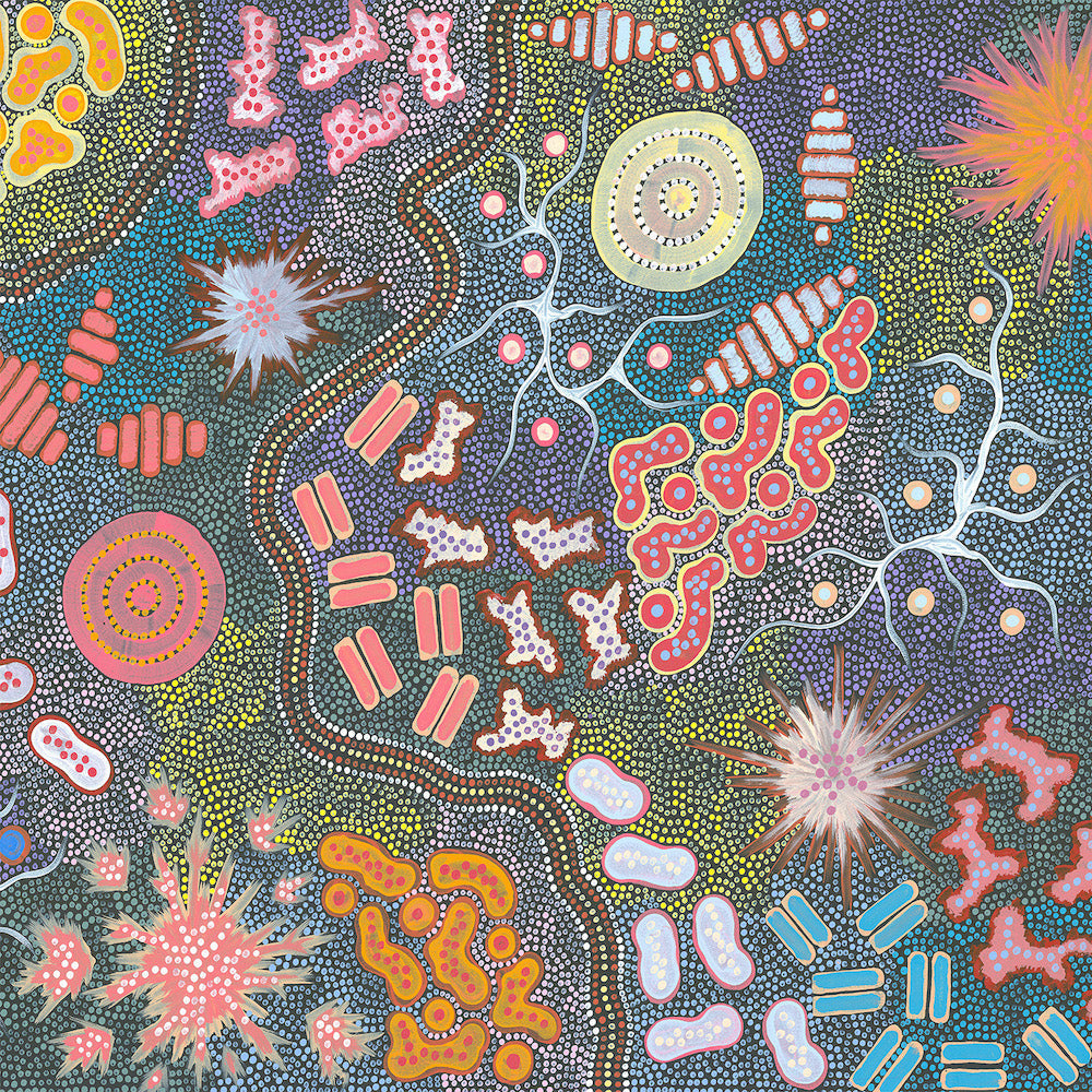 Waterhole Bush Tucker Dreaming, Acrylic on Canvas, 68x170cm, By Azeza Possum