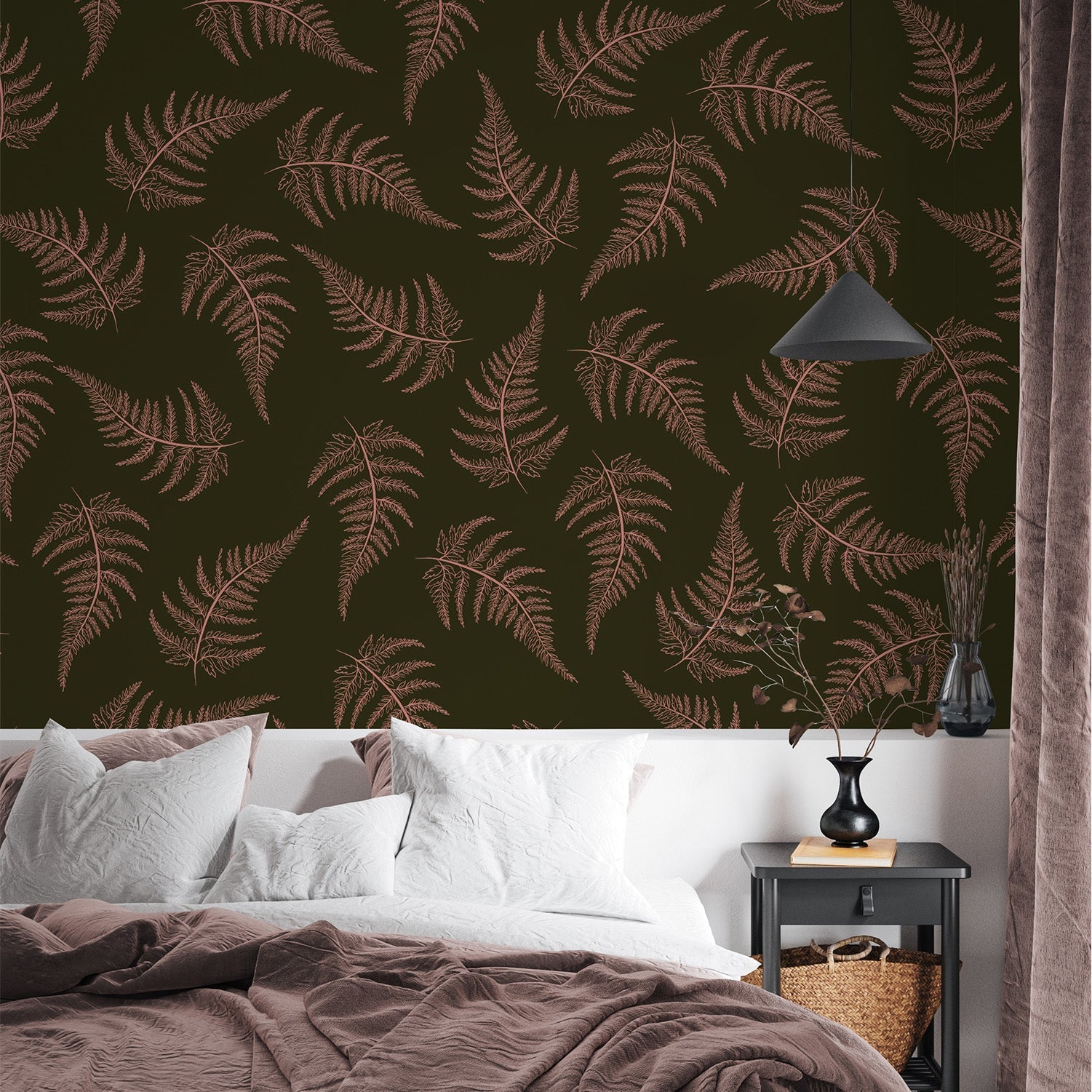 Ferns-Dark Green Blush, Wallpaper