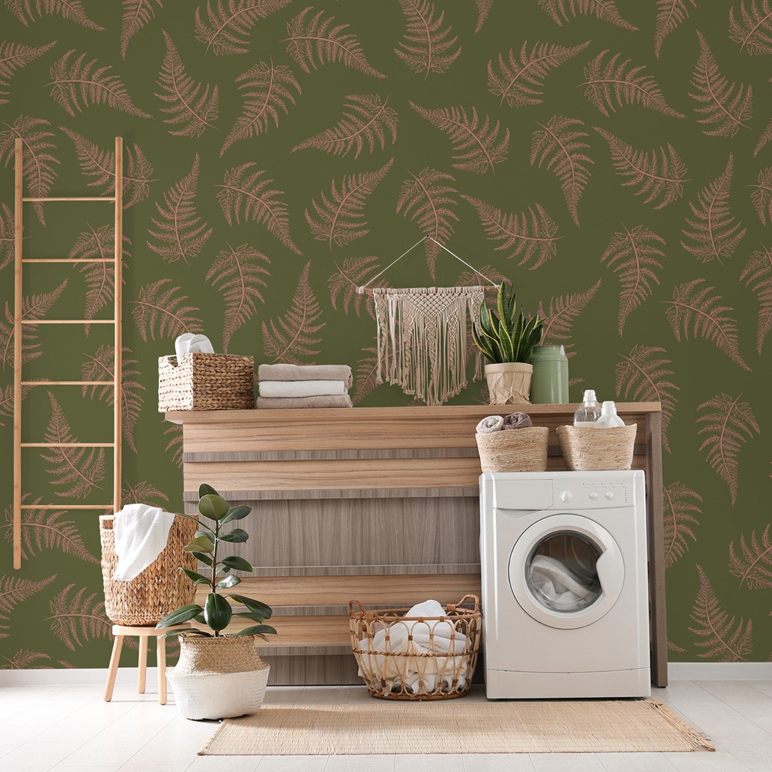 Ferns-Green and Blush, Wallpaper