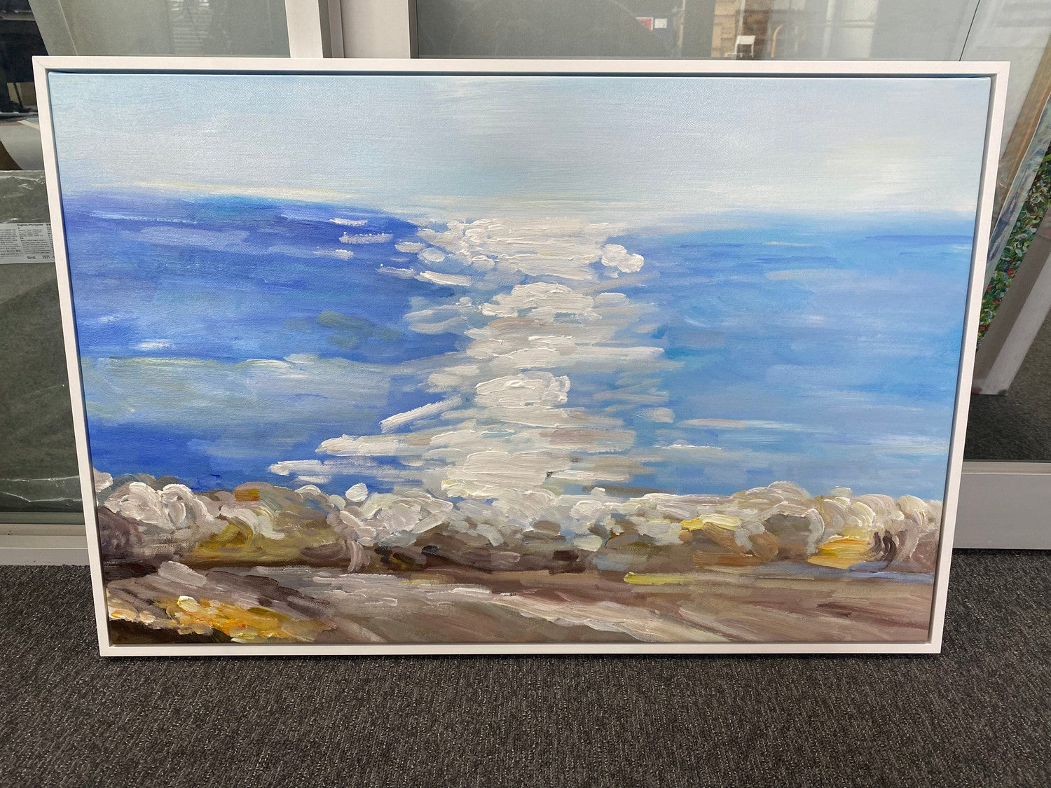 The Glistening Lake , Hand-Painted Canvas, 60x90cm, White Framed