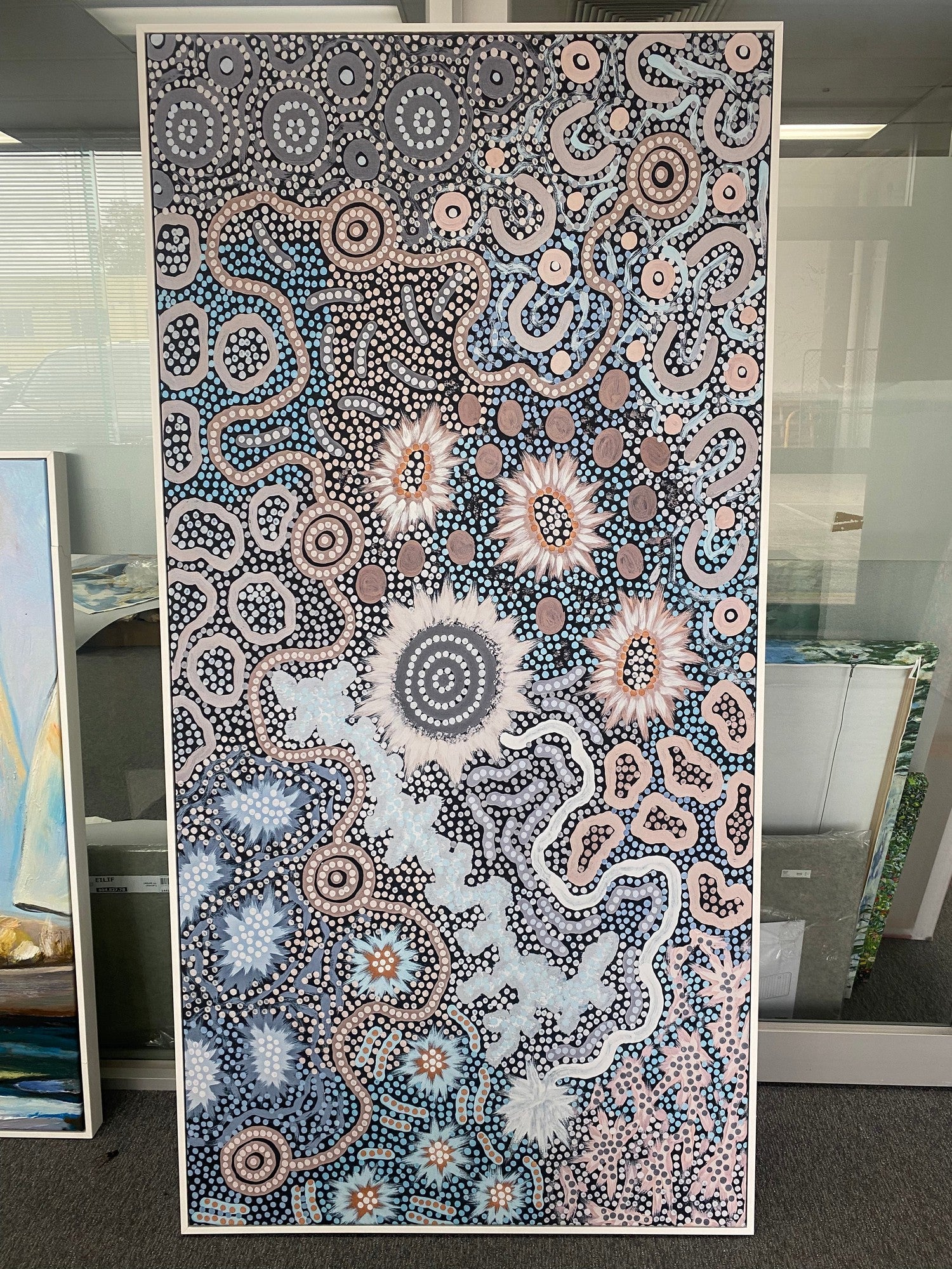 Women's Gathering Bushtucker, Blue tone, By Azeza Possum,90x180cm, white frame