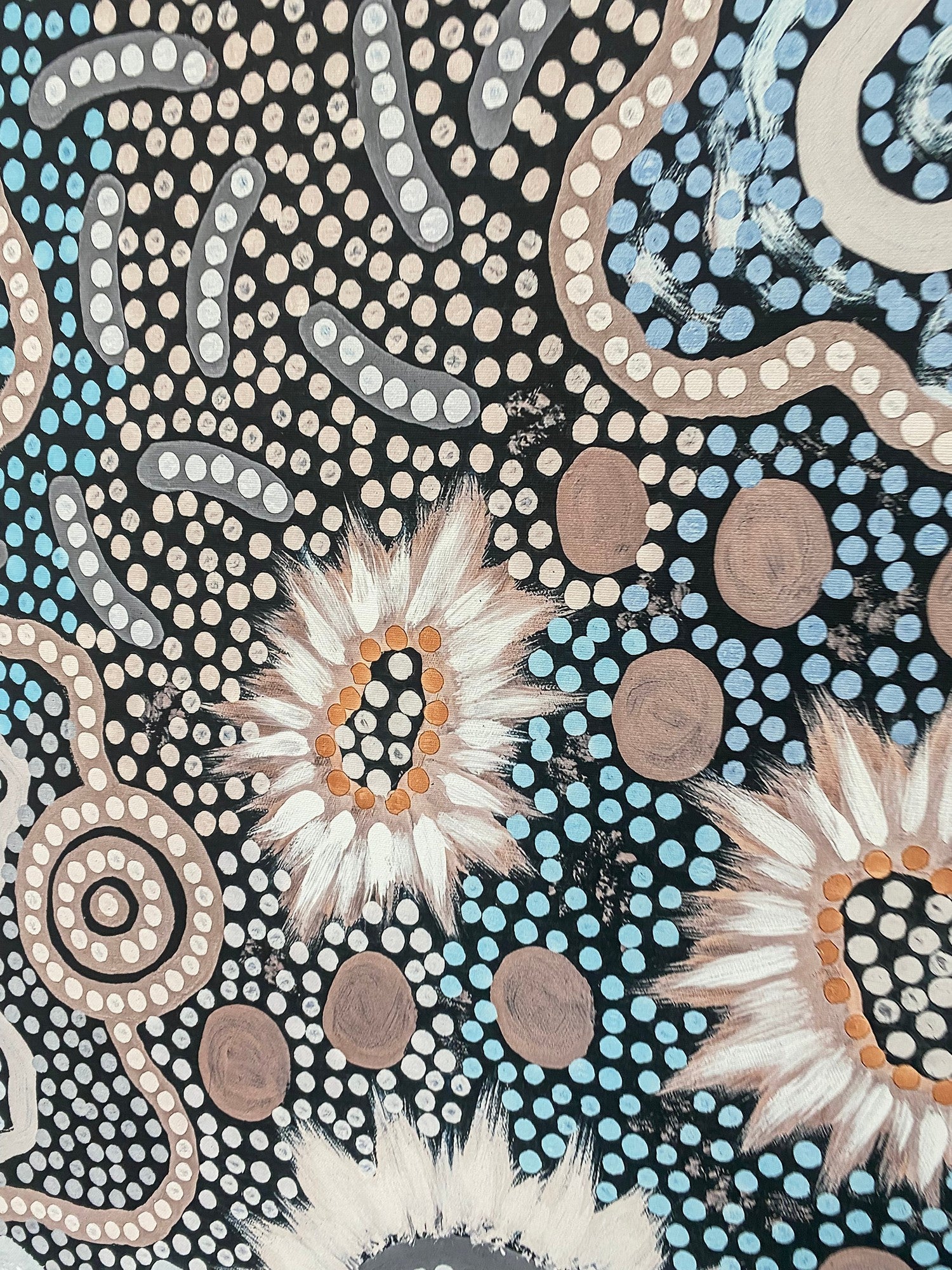 Women's Gathering Bushtucker, Blue tone, By Azeza Possum,90x180cm, white frame