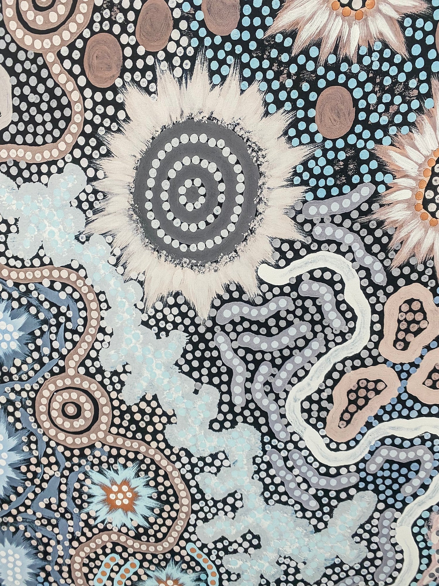 Women's Gathering Bushtucker, Blue tone, By Azeza Possum,90x180cm, white frame