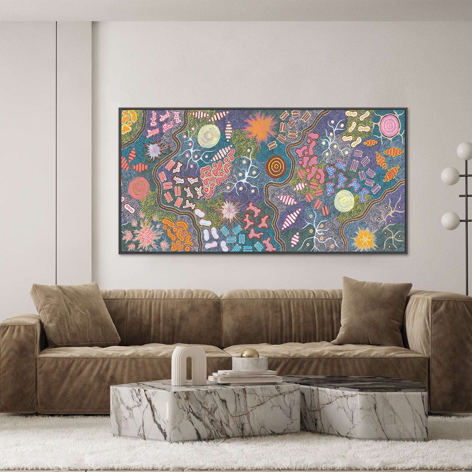 Waterhole Bush Tucker Dreaming, Acrylic on Canvas, 68x170cm, By Azeza Possum