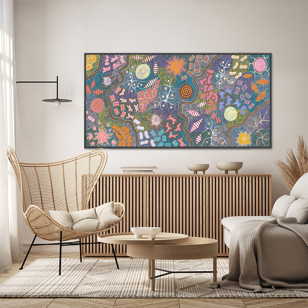 Waterhole Bush Tucker Dreaming, Acrylic on Canvas, 68x170cm, By Azeza Possum