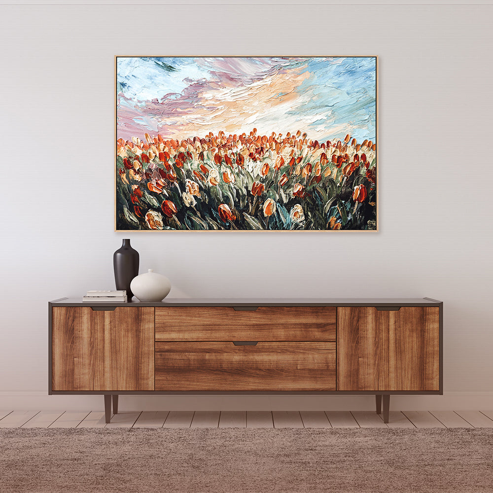 Sleeping In A Field of Red Tulips, Hand-Painted Canvas