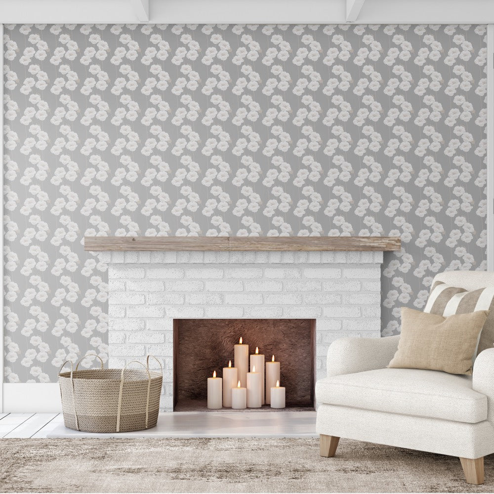 White Blooms on Grey-wallpaper-eco-friendly-easy-removal-GIOIA-WALL-ART