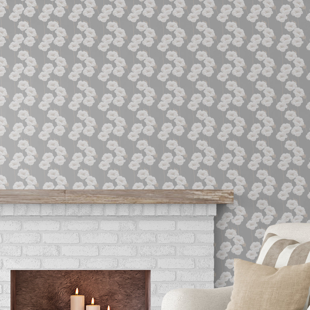 White Blooms on Grey-wallpaper-eco-friendly-easy-removal-GIOIA-WALL-ART