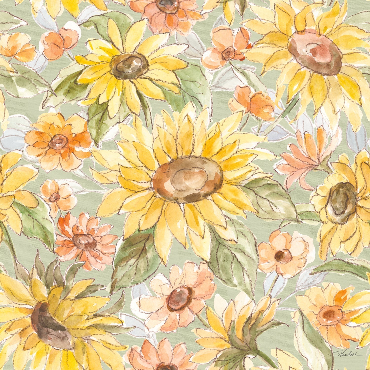 Sunny Blooms Pattern I, Style B, Wallpaper