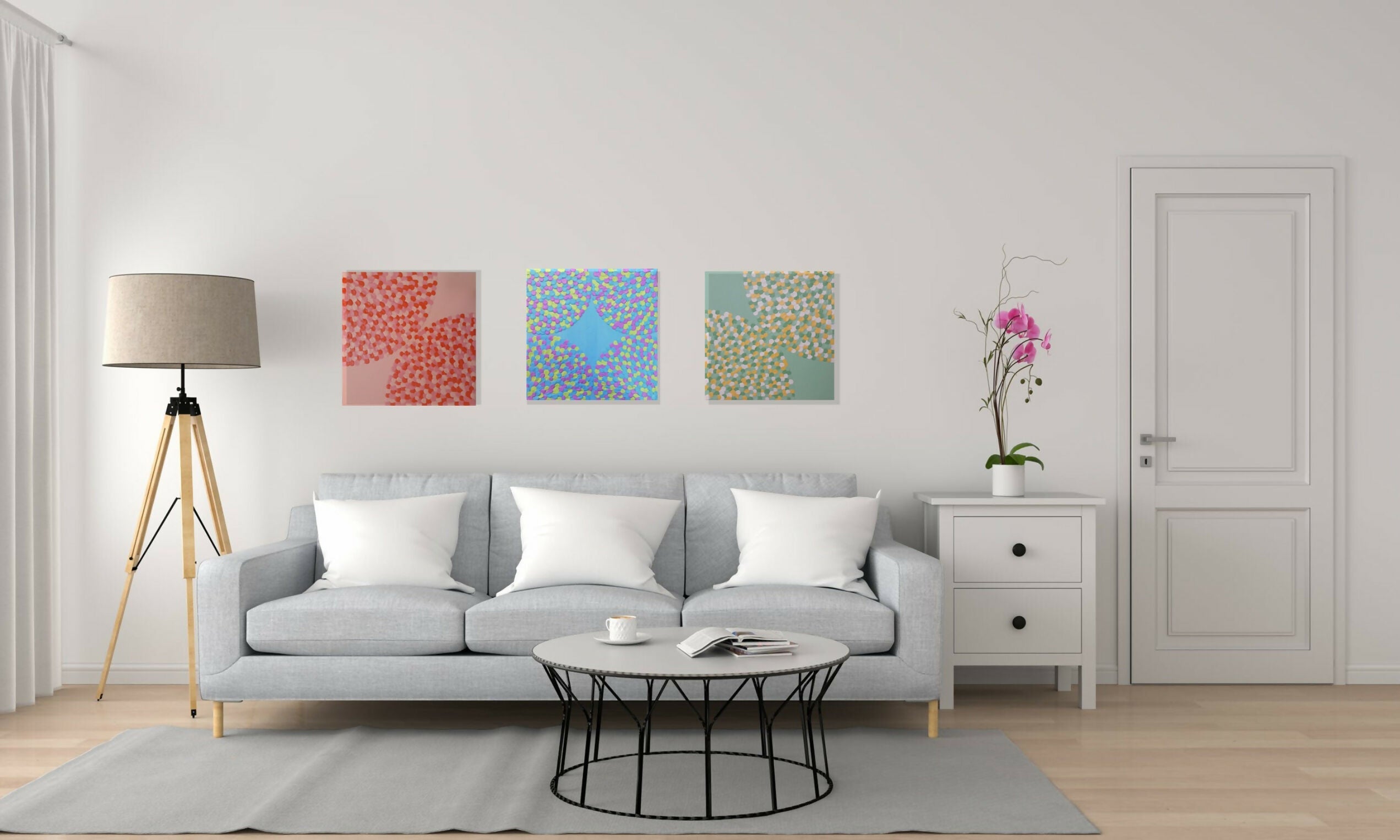 Triptych: Peach Melba, Harlequin Bay, Narcissus, Drip Series, Original Hand-Painted Canvas By Julee Latimer