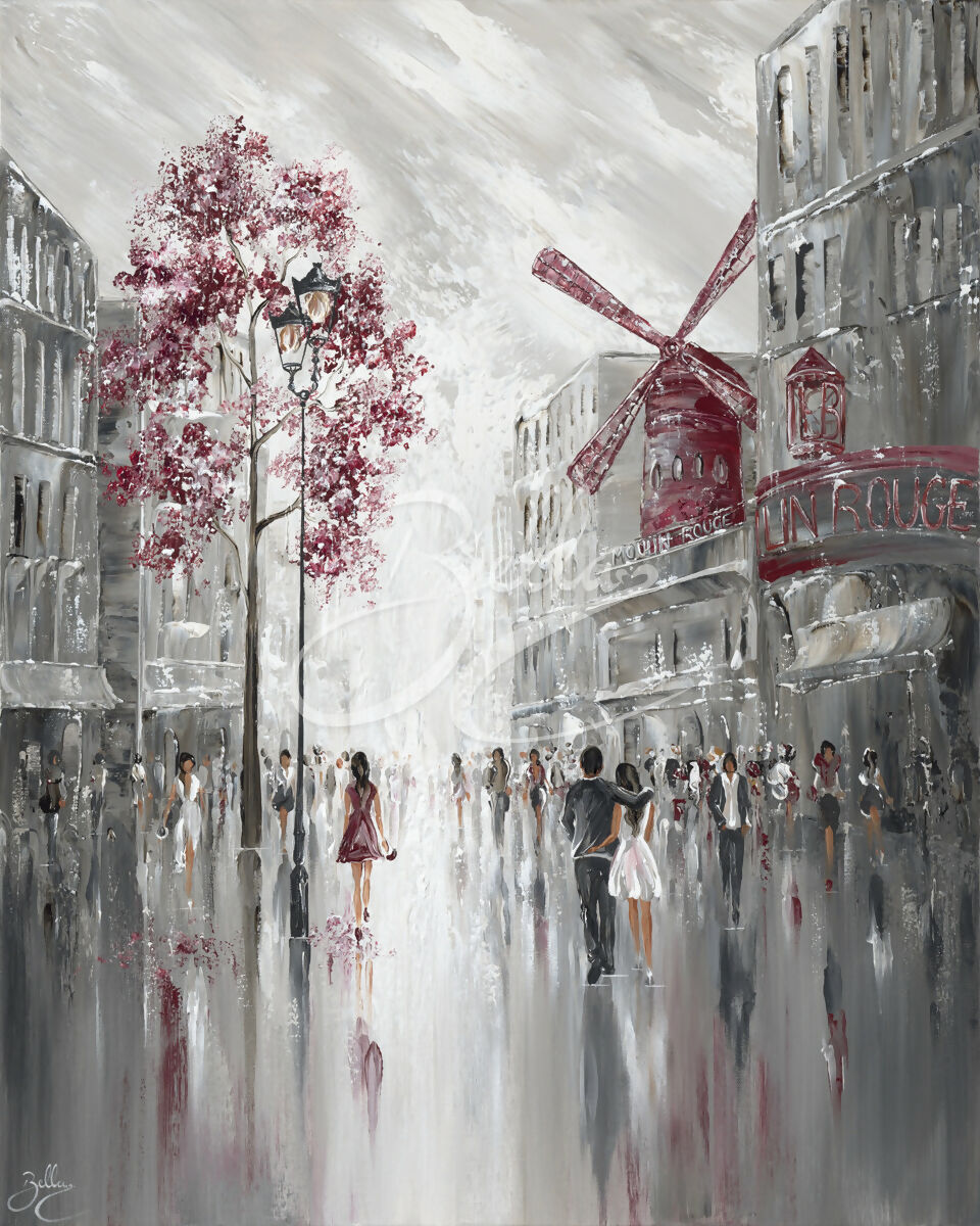 Moulin Rouge Streetscape , Original Hand-Painted Canvas By Isabella Karolewicz