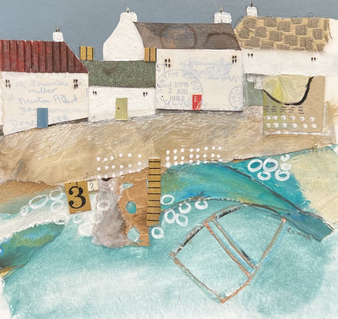 A Boat In The Harbour, Mixed Media On Paper, 40x40cm with frame , By Louise O'Hara