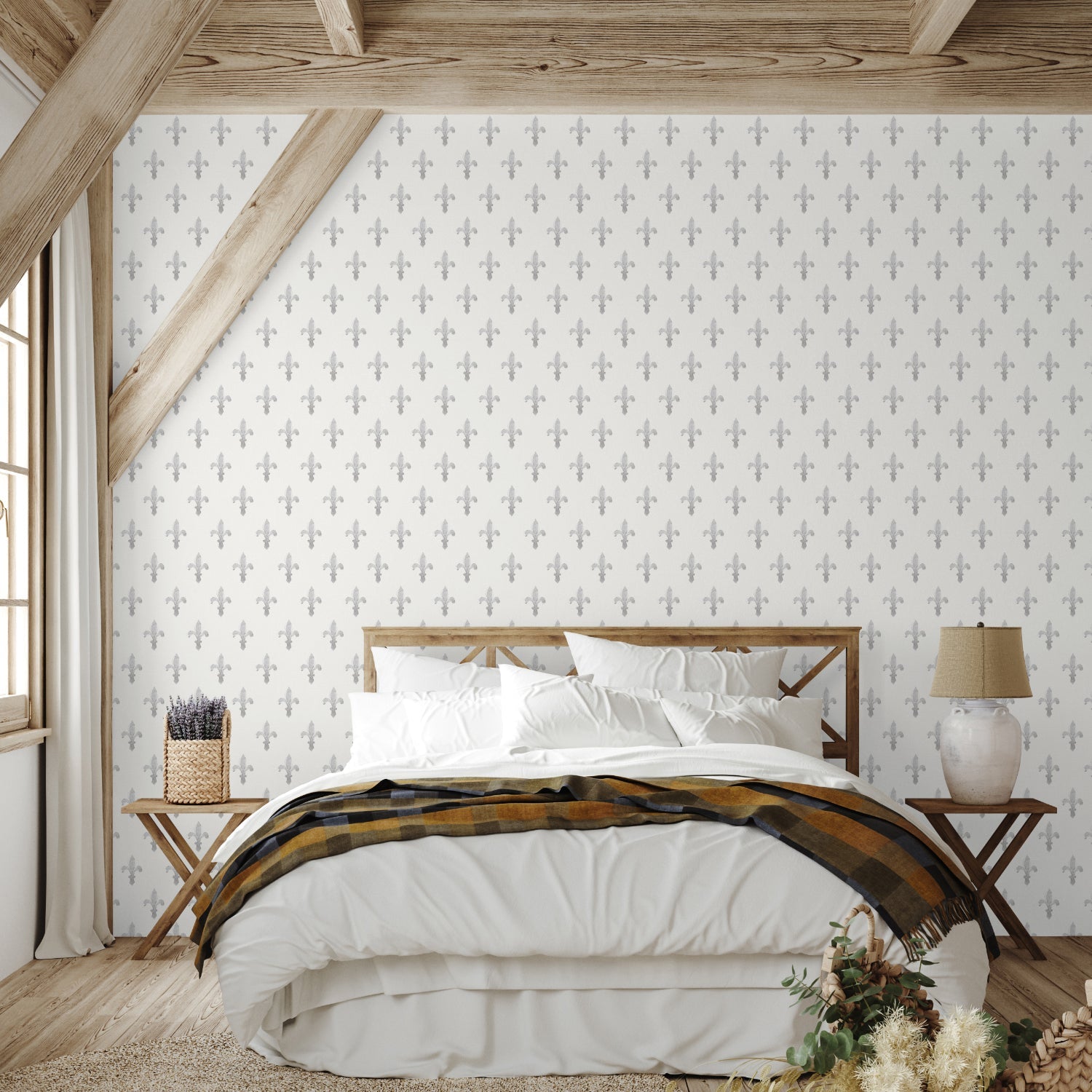 Eggshell White and Grey Leur De Lis, Wallpaper