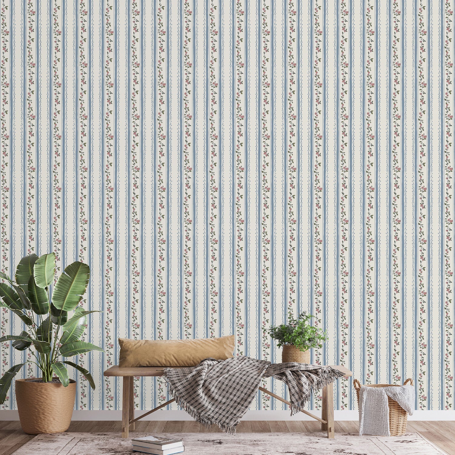 Farmhouse Stripes Blue, Wallpaper