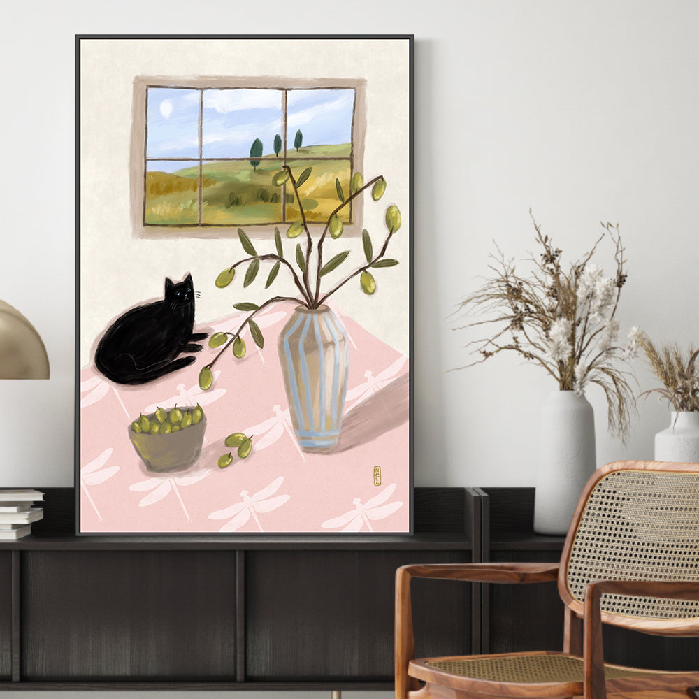 wall-art-print-canvas-poster-framed-A Cat And Olives , By Lia Nell-GIOIA-WALL-ART