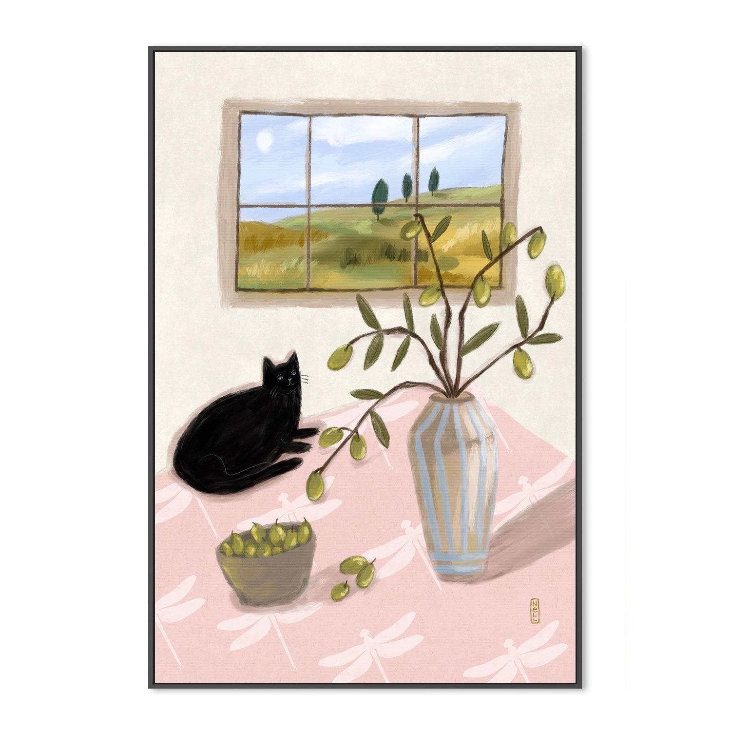 wall-art-print-canvas-poster-framed-A Cat And Olives , By Lia Nell-GIOIA-WALL-ART