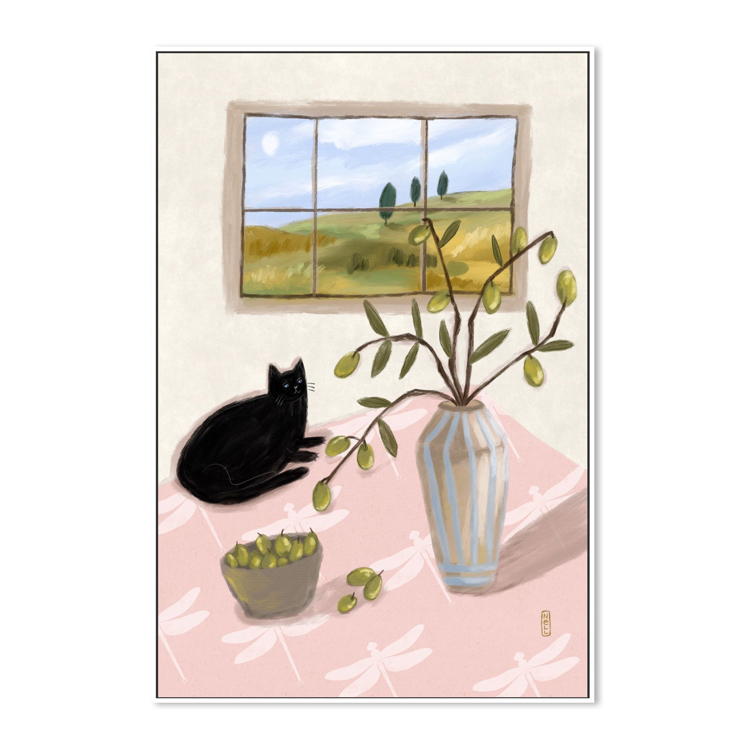 wall-art-print-canvas-poster-framed-A Cat And Olives , By Lia Nell-GIOIA-WALL-ART