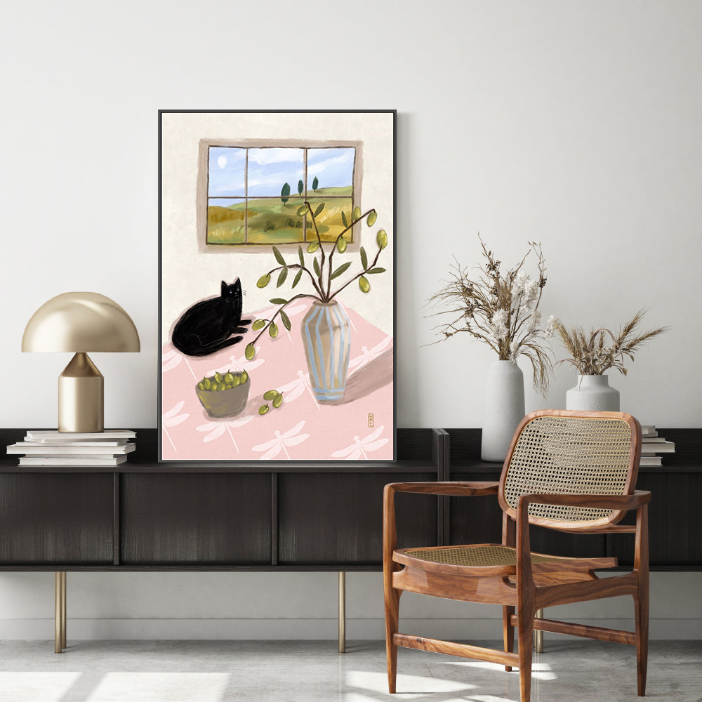 wall-art-print-canvas-poster-framed-A Cat And Olives , By Lia Nell-GIOIA-WALL-ART