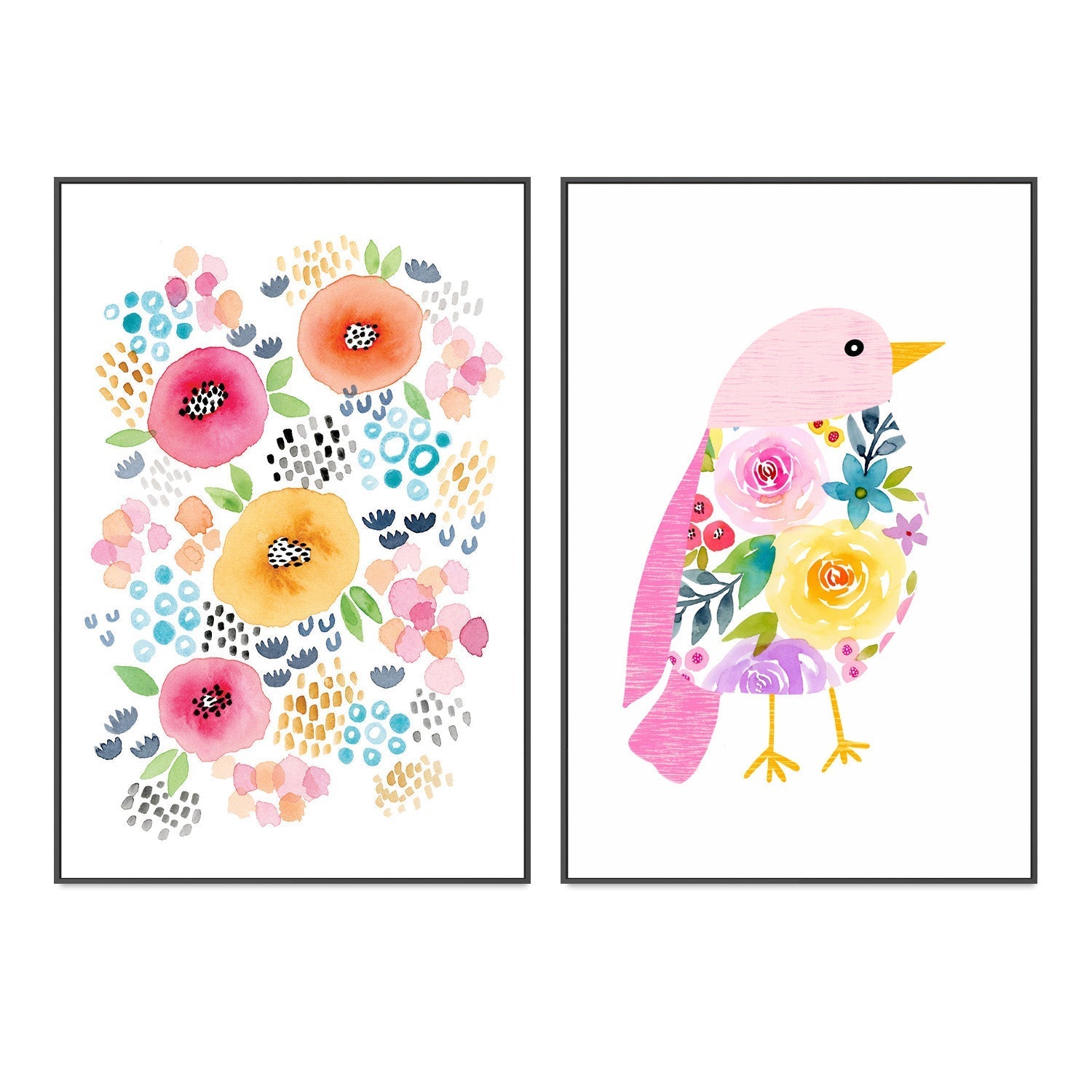 wall-art-print-canvas-poster-framed-Abstract Floral with Pink Bird, Set of 2 , By Lisa Nohren-3