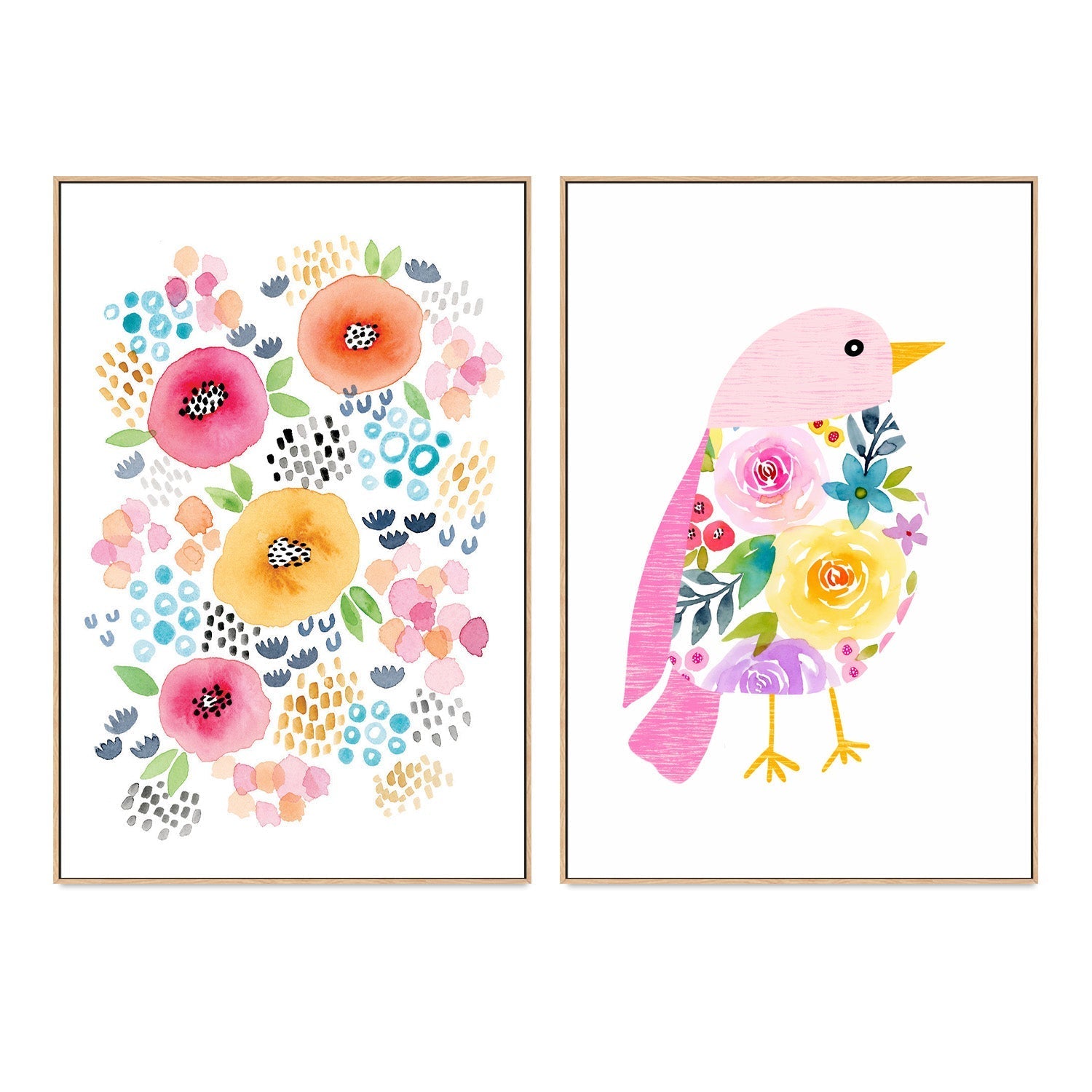 wall-art-print-canvas-poster-framed-Abstract Floral with Pink Bird, Set of 2 , By Lisa Nohren-4