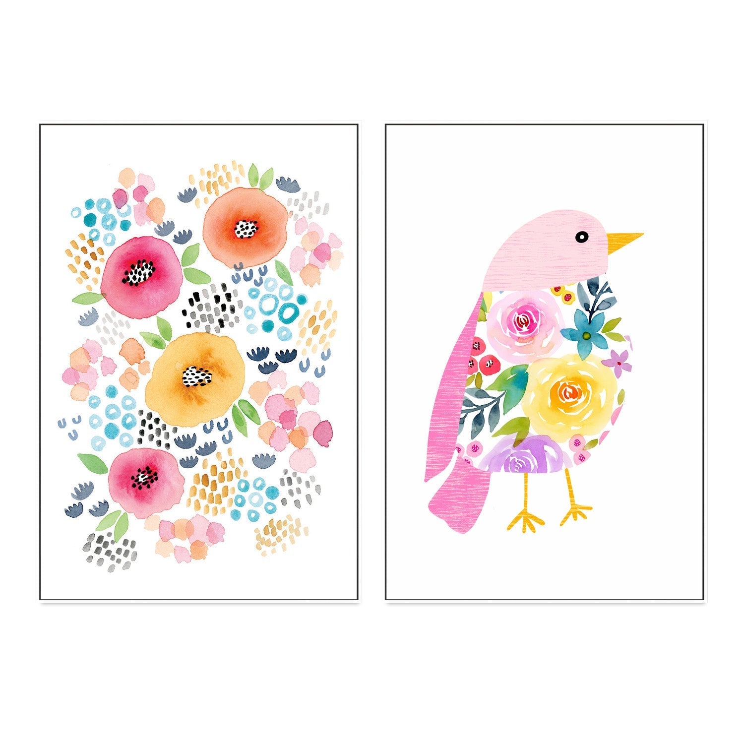 wall-art-print-canvas-poster-framed-Abstract Floral with Pink Bird, Set of 2 , By Lisa Nohren-5