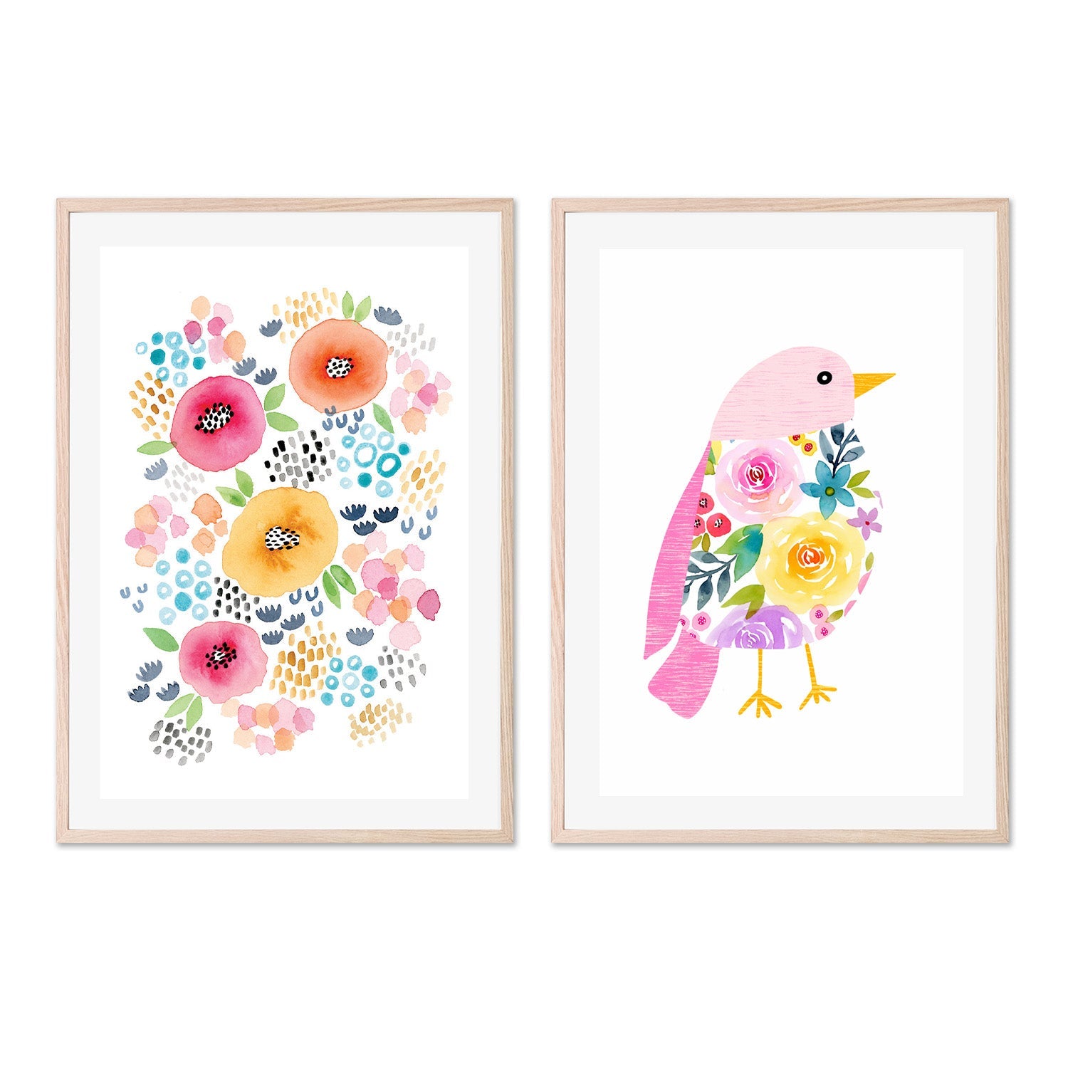 wall-art-print-canvas-poster-framed-Abstract Floral with Pink Bird, Set of 2 , By Lisa Nohren-6