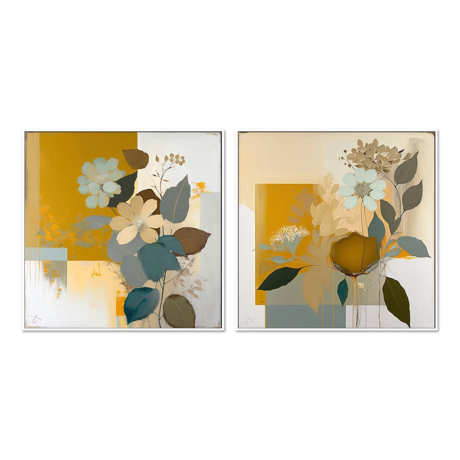 wall-art-print-canvas-poster-framed-Blue And Mustard Botanicals, Style A & B, Set Of 2 , By Bella Eve-GIOIA-WALL-ART