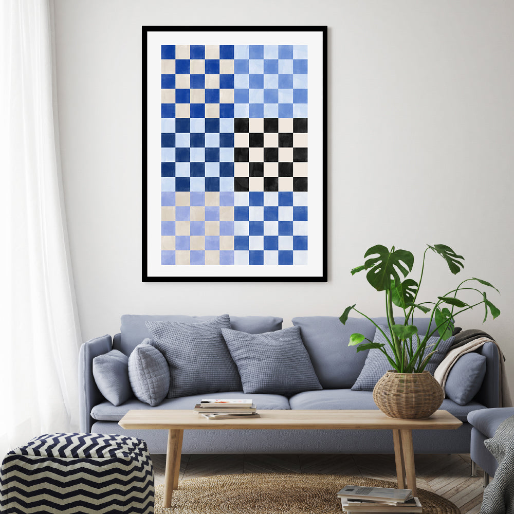 wall-art-print-canvas-poster-framed-Blue Checkered Pattern , By Elena Ristova-GIOIA-WALL-ART