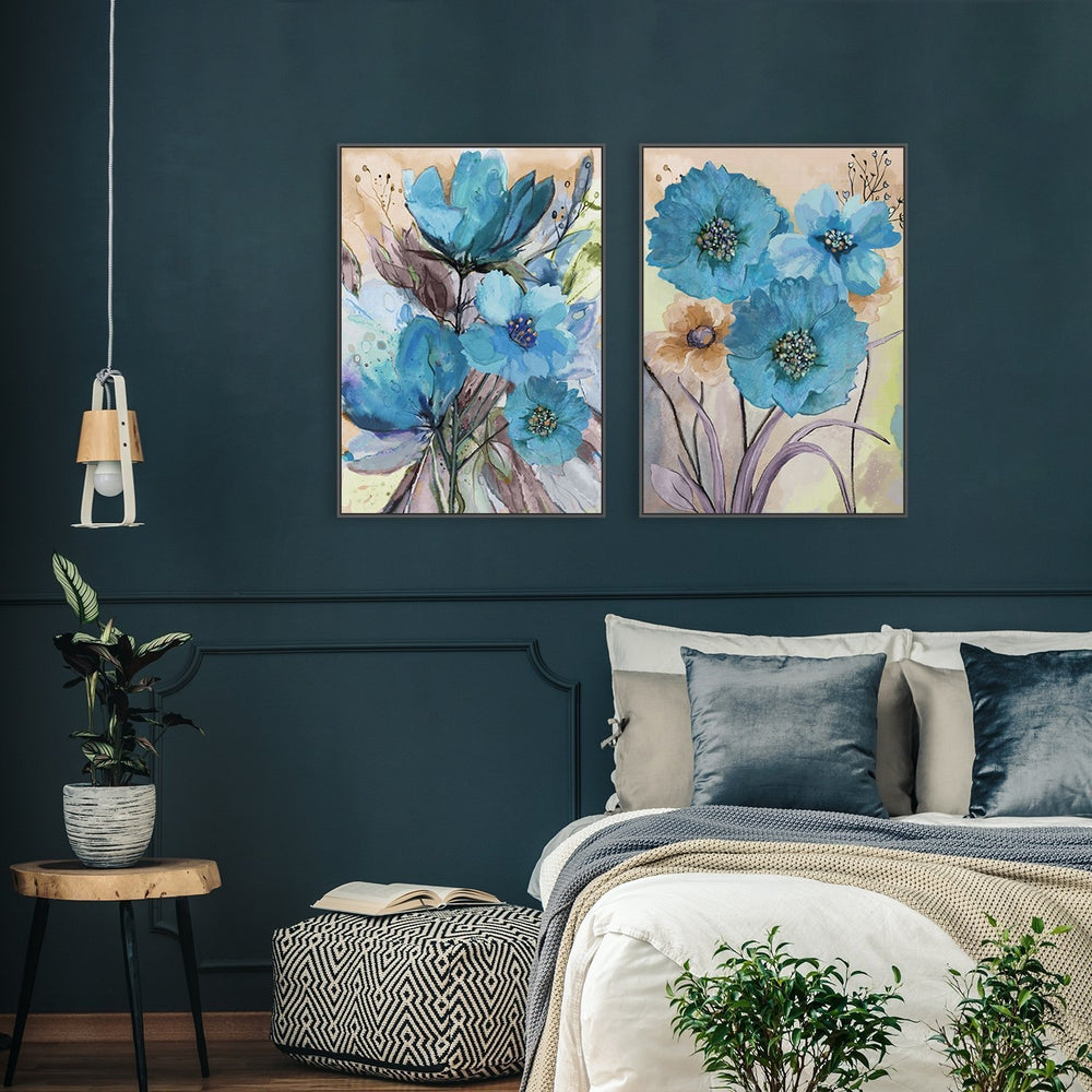 wall-art-print-canvas-poster-framed-Blue Flowers, Watercolour Painting, Set Of 2-by-Gioia Wall Art-Gioia Wall Art