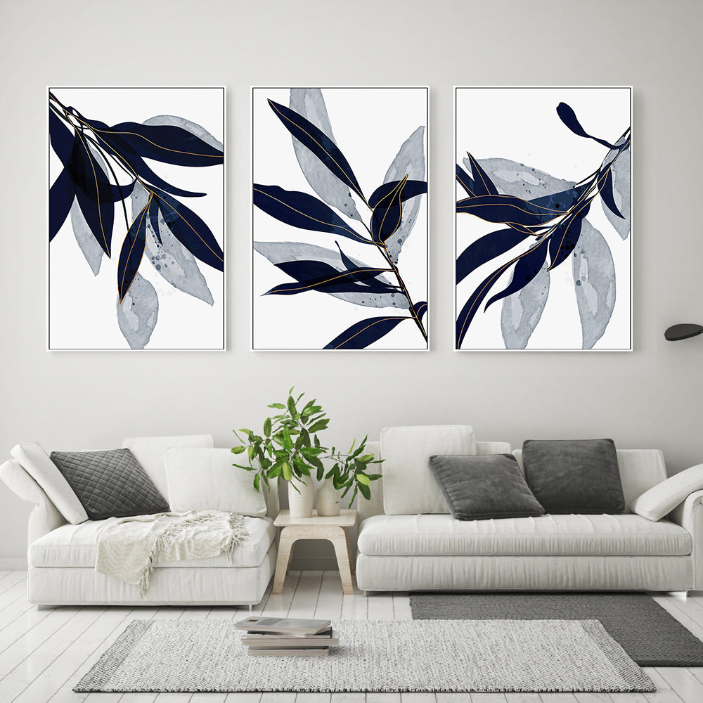 wall-art-print-canvas-poster-framed-Blue Leaves, Style A, B & C, Set Of 3-GIOIA-WALL-ART