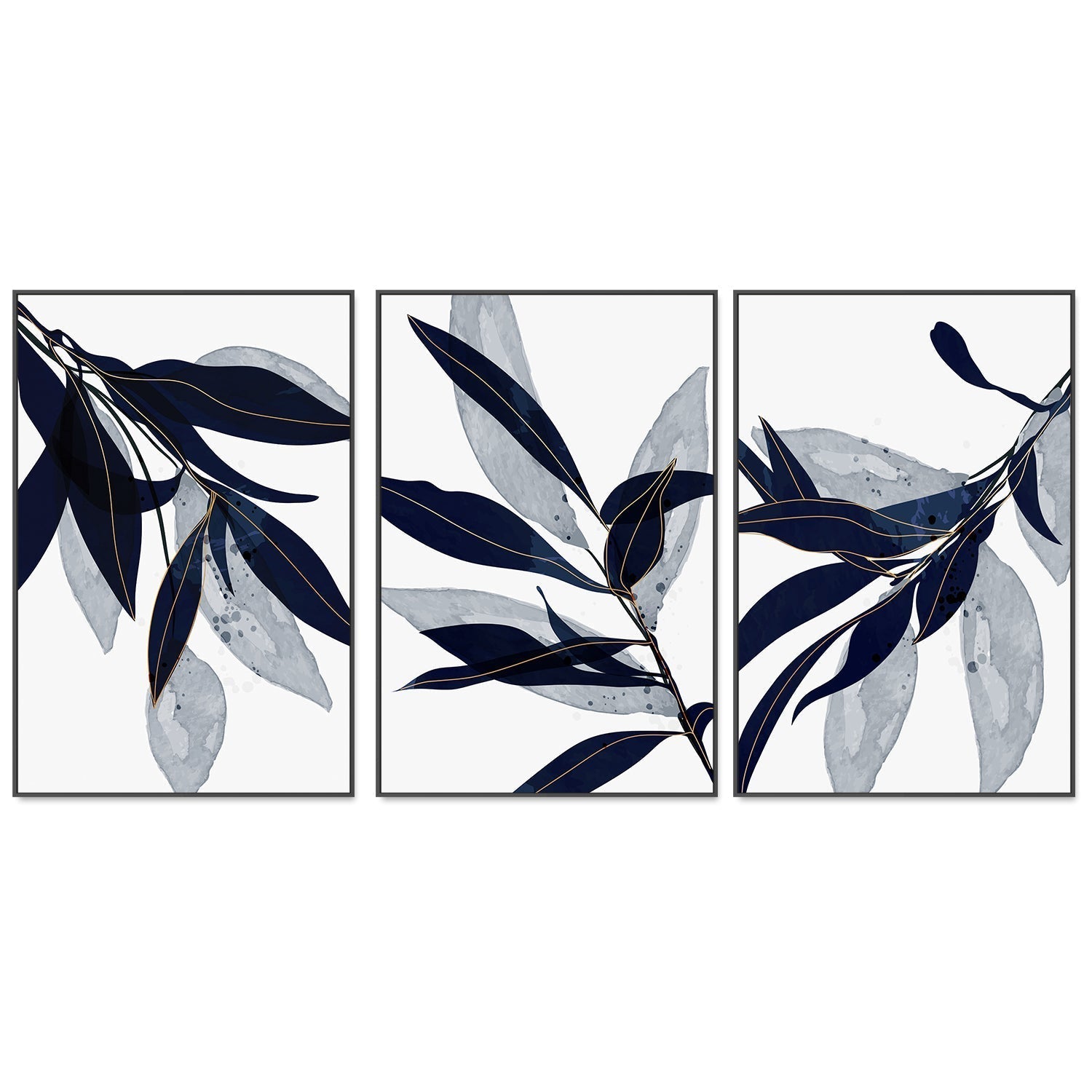 wall-art-print-canvas-poster-framed-Blue Leaves, Style A, B & C, Set Of 3-GIOIA-WALL-ART