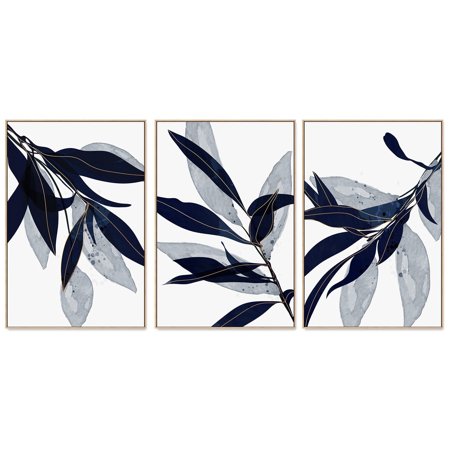 wall-art-print-canvas-poster-framed-Blue Leaves, Style A, B & C, Set Of 3-GIOIA-WALL-ART