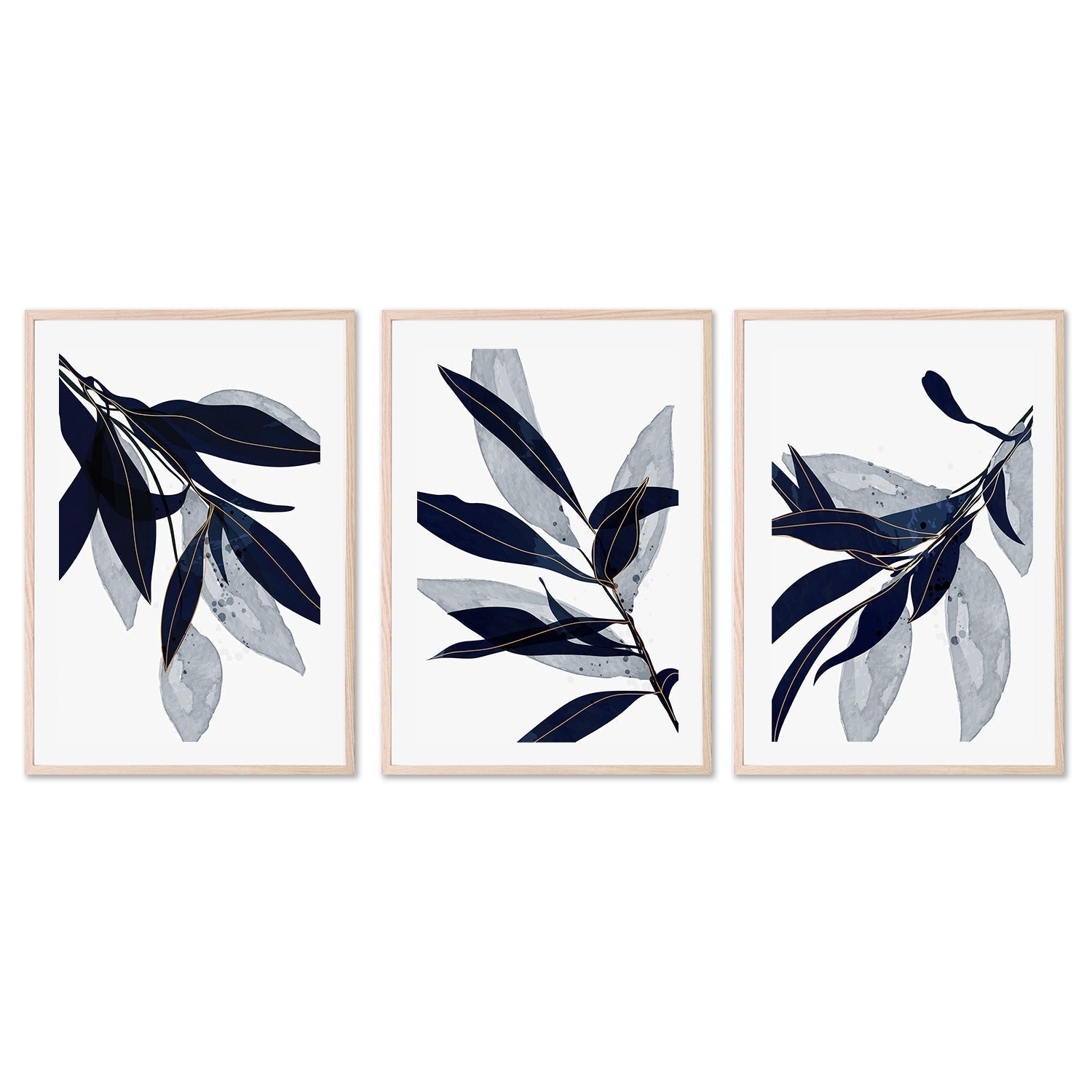 wall-art-print-canvas-poster-framed-Blue Leaves, Style A, B & C, Set Of 3-GIOIA-WALL-ART