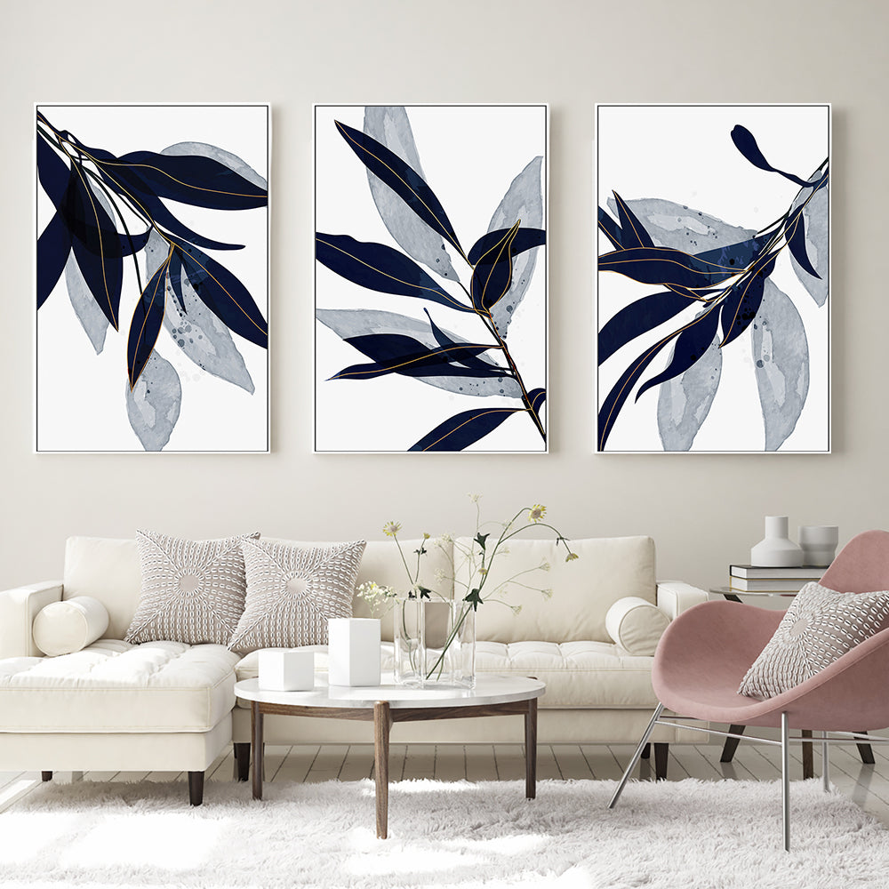 wall-art-print-canvas-poster-framed-Blue Leaves, Style A, B & C, Set Of 3-GIOIA-WALL-ART