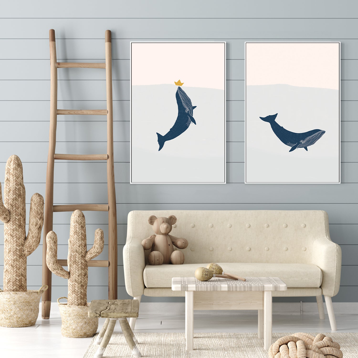 wall-art-print-canvas-poster-framed-Blue Whales and Sailing Boat, Set Of 2 , By Menina Lisboa-2