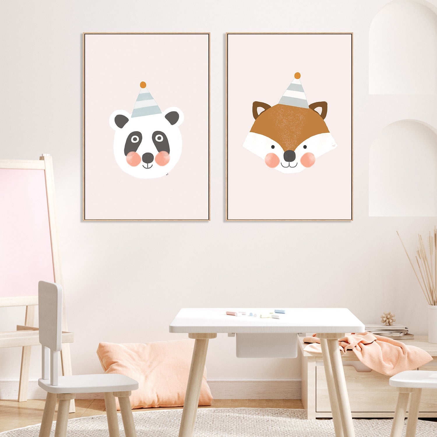 wall-art-print-canvas-poster-framed-Blushing Panda and Fox with Party Hat, Set Of 2 , By Menina Lisboa-2