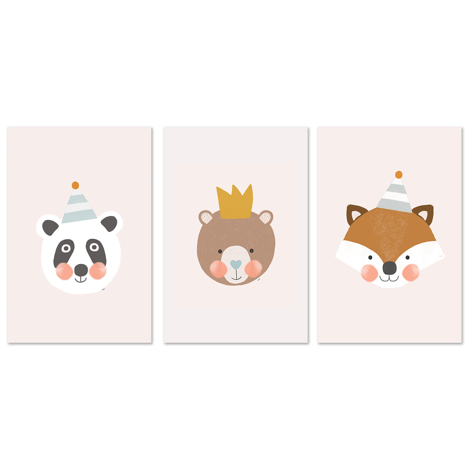 wall-art-print-canvas-poster-framed-Blushing Panda, Crown Bear and Fox with Party Hat, Set Of 3 , By Menina Lisboa-1