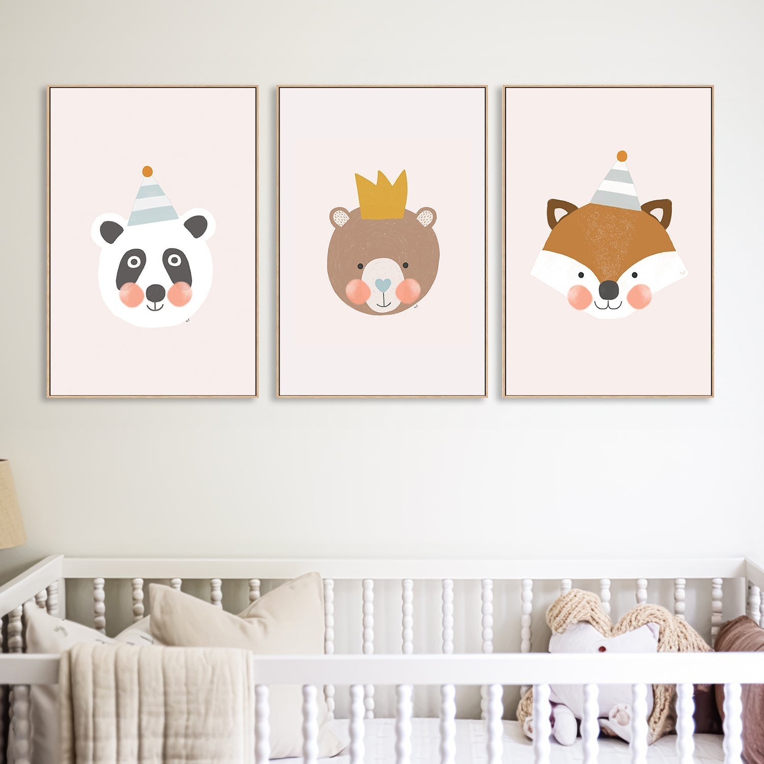 wall-art-print-canvas-poster-framed-Blushing Panda, Crown Bear and Fox with Party Hat, Set Of 3 , By Menina Lisboa-2