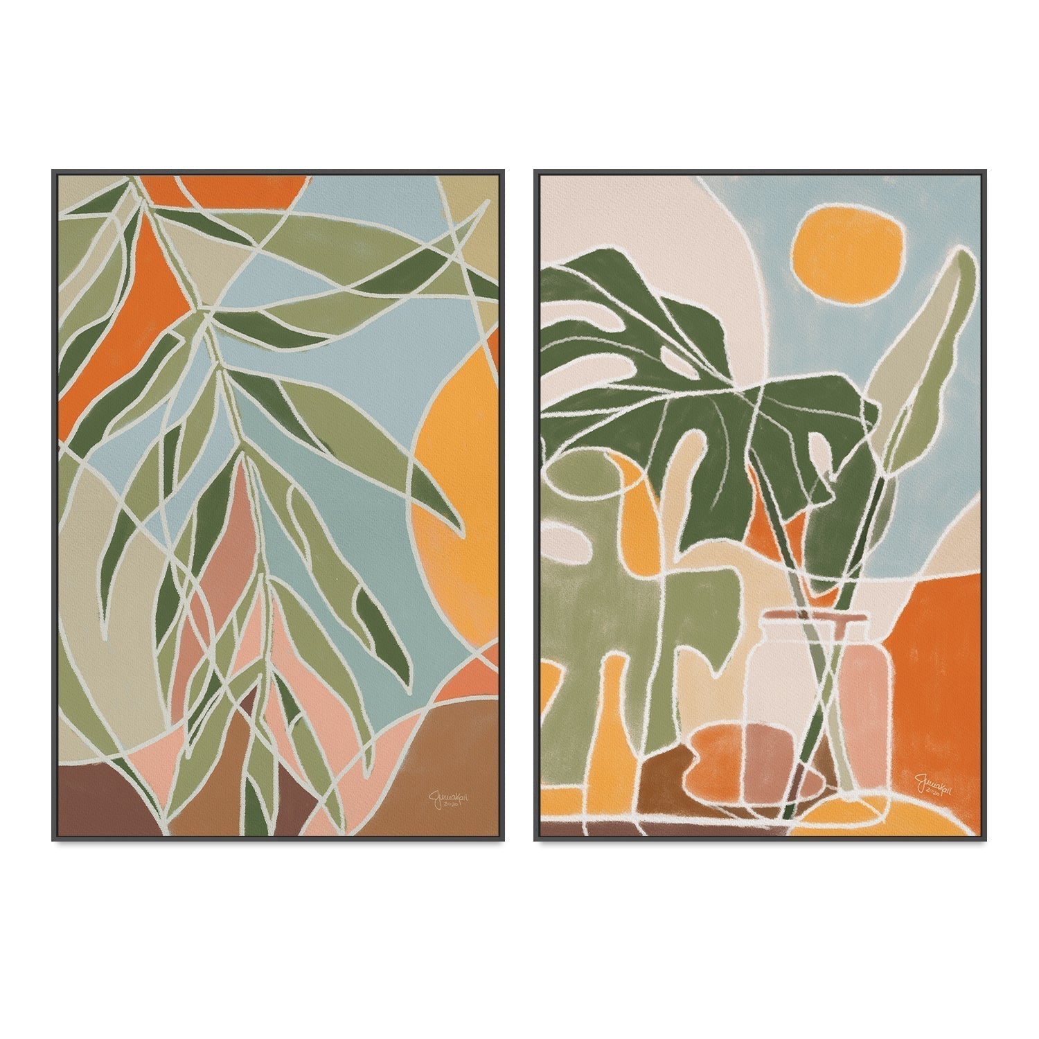 wall-art-print-canvas-poster-framed-Bungalow Palm and Monstera, Set Of 2-by-Junia Kall-Gioia Wall Art