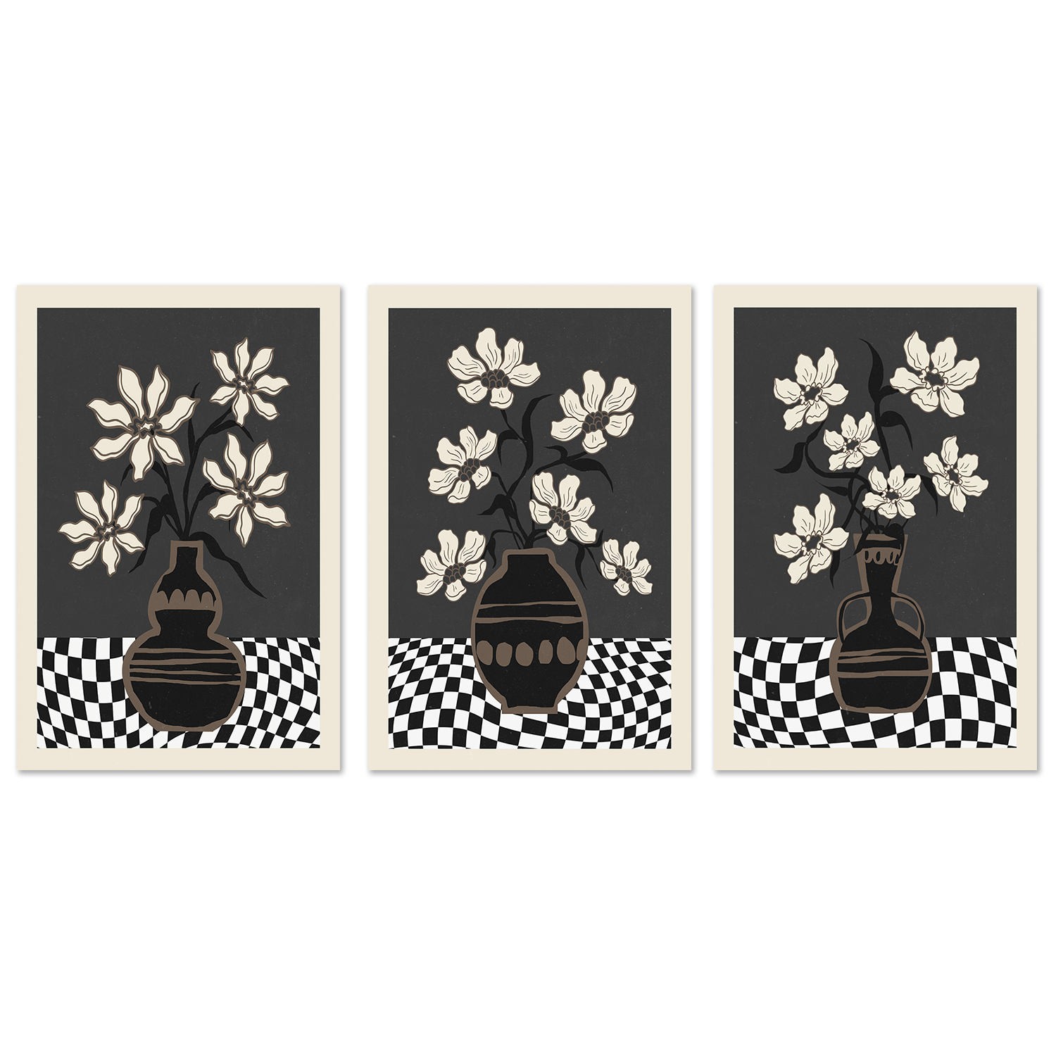 wall-art-print-canvas-poster-framed-Checker Floral, Style A, B & C, Set Of 3 , By Nina Blue-1