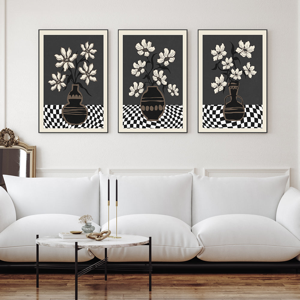 wall-art-print-canvas-poster-framed-Checker Floral, Style A, B & C, Set Of 3 , By Nina Blue-2