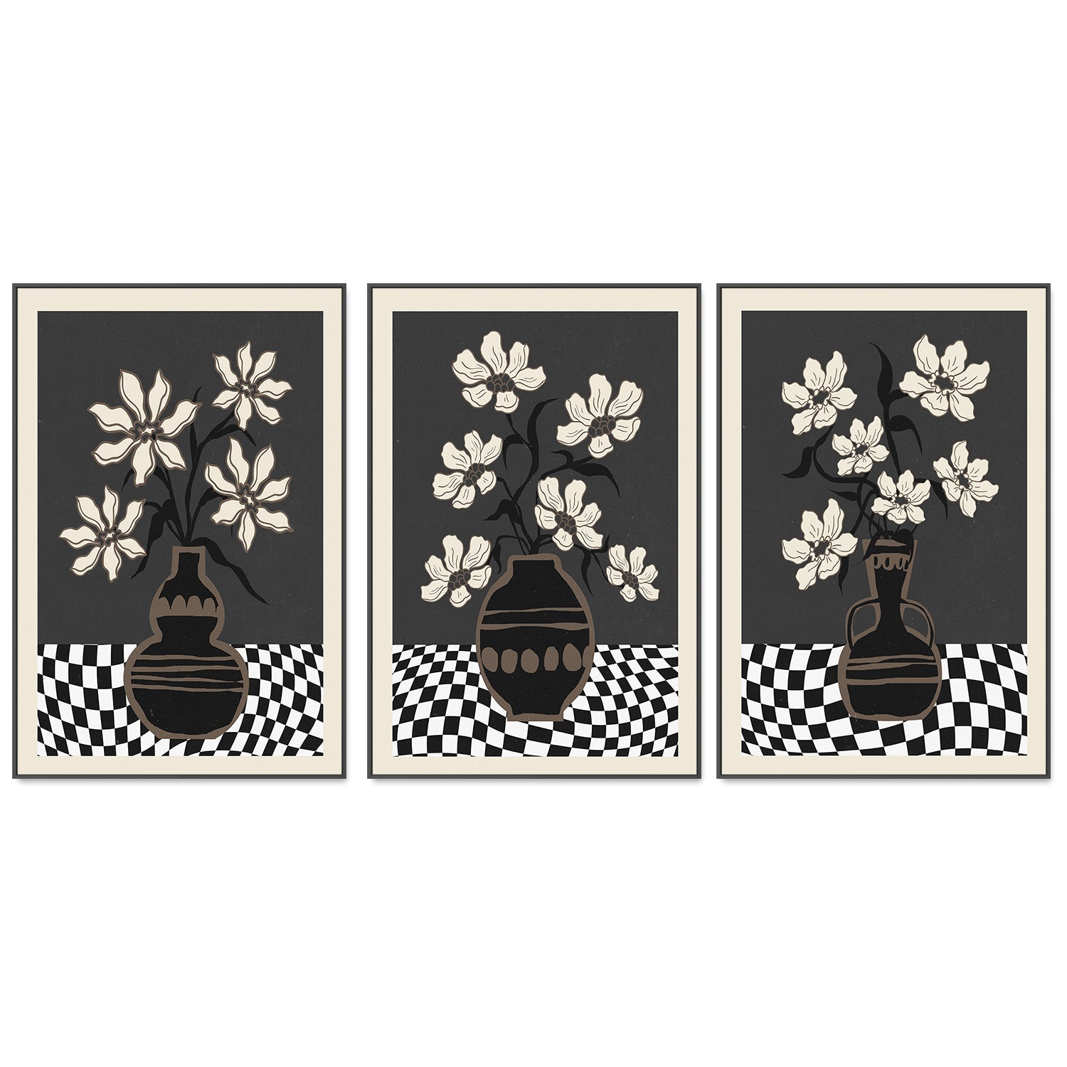 wall-art-print-canvas-poster-framed-Checker Floral, Style A, B & C, Set Of 3 , By Nina Blue-3