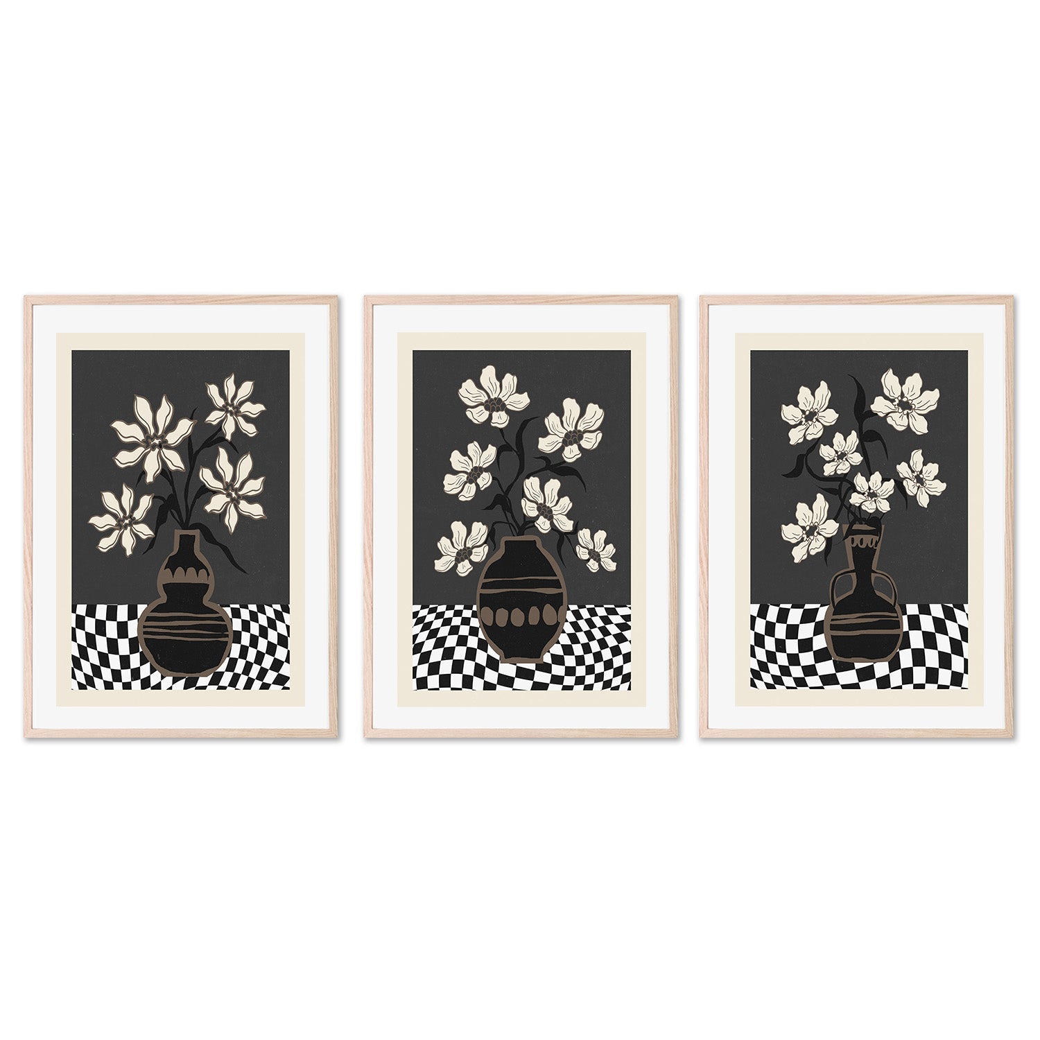 wall-art-print-canvas-poster-framed-Checker Floral, Style A, B & C, Set Of 3 , By Nina Blue-6