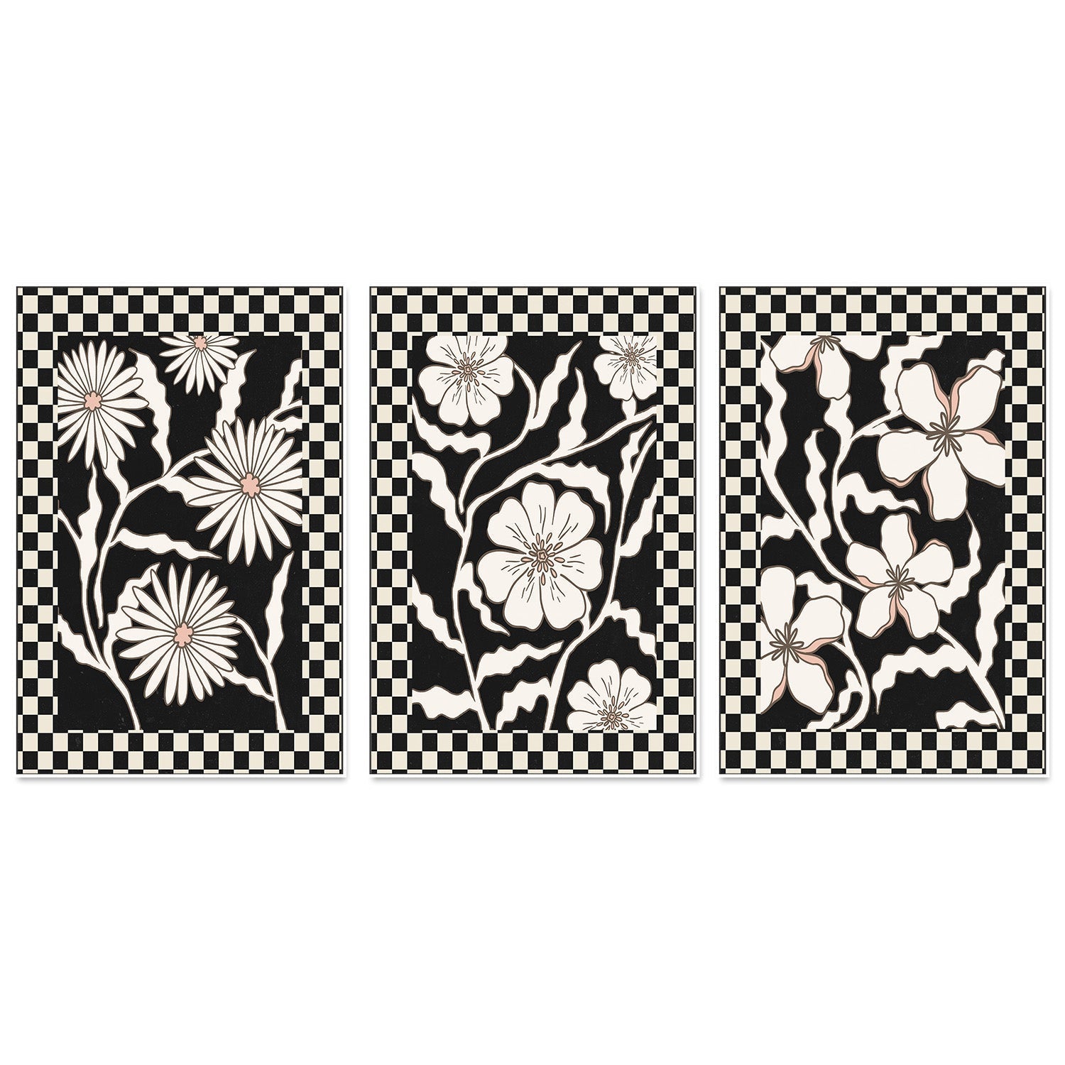 wall-art-print-canvas-poster-framed-Checker Floral, Style D, E & F, Set Of 3 , By Nina Blue-1