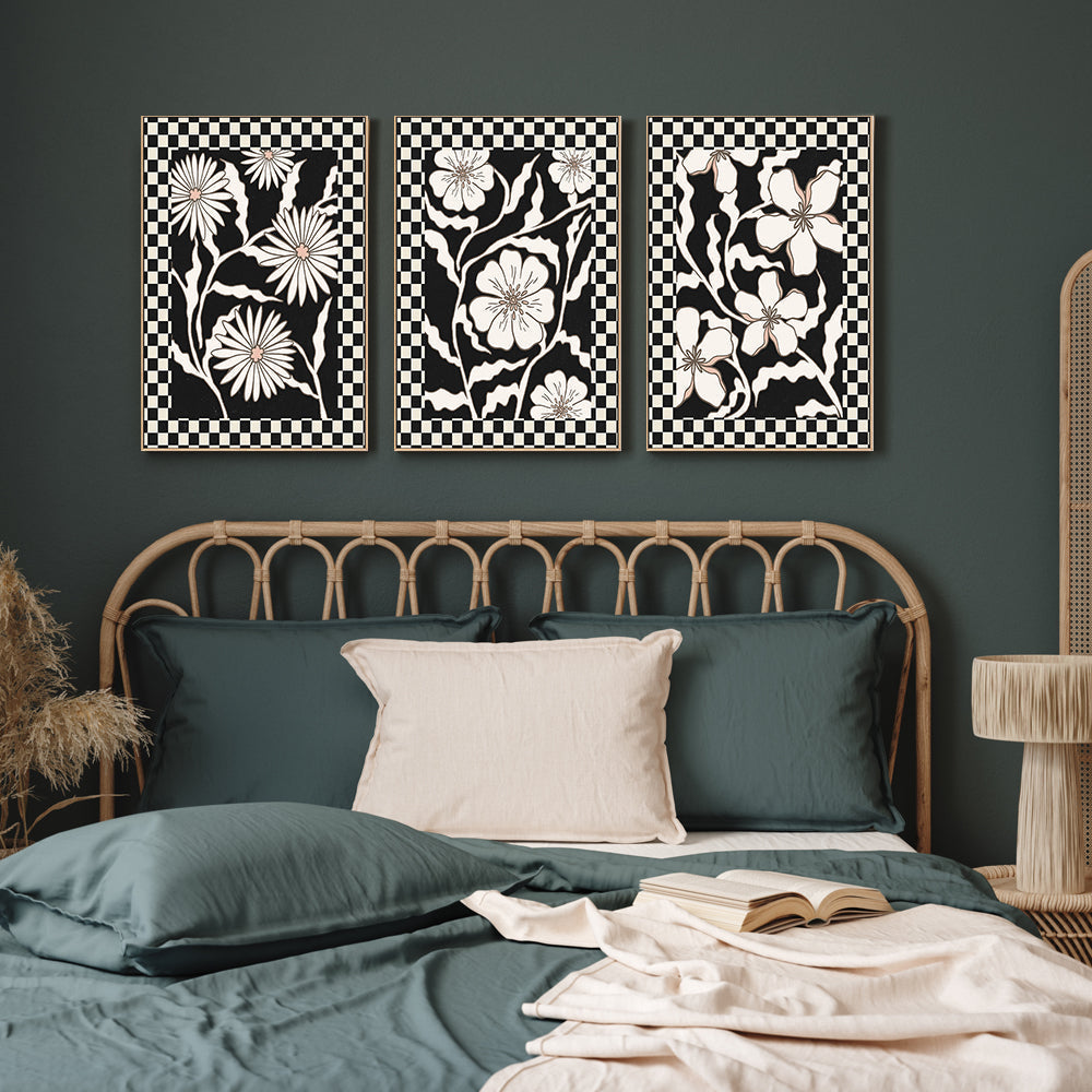 wall-art-print-canvas-poster-framed-Checker Floral, Style D, E & F, Set Of 3 , By Nina Blue-2