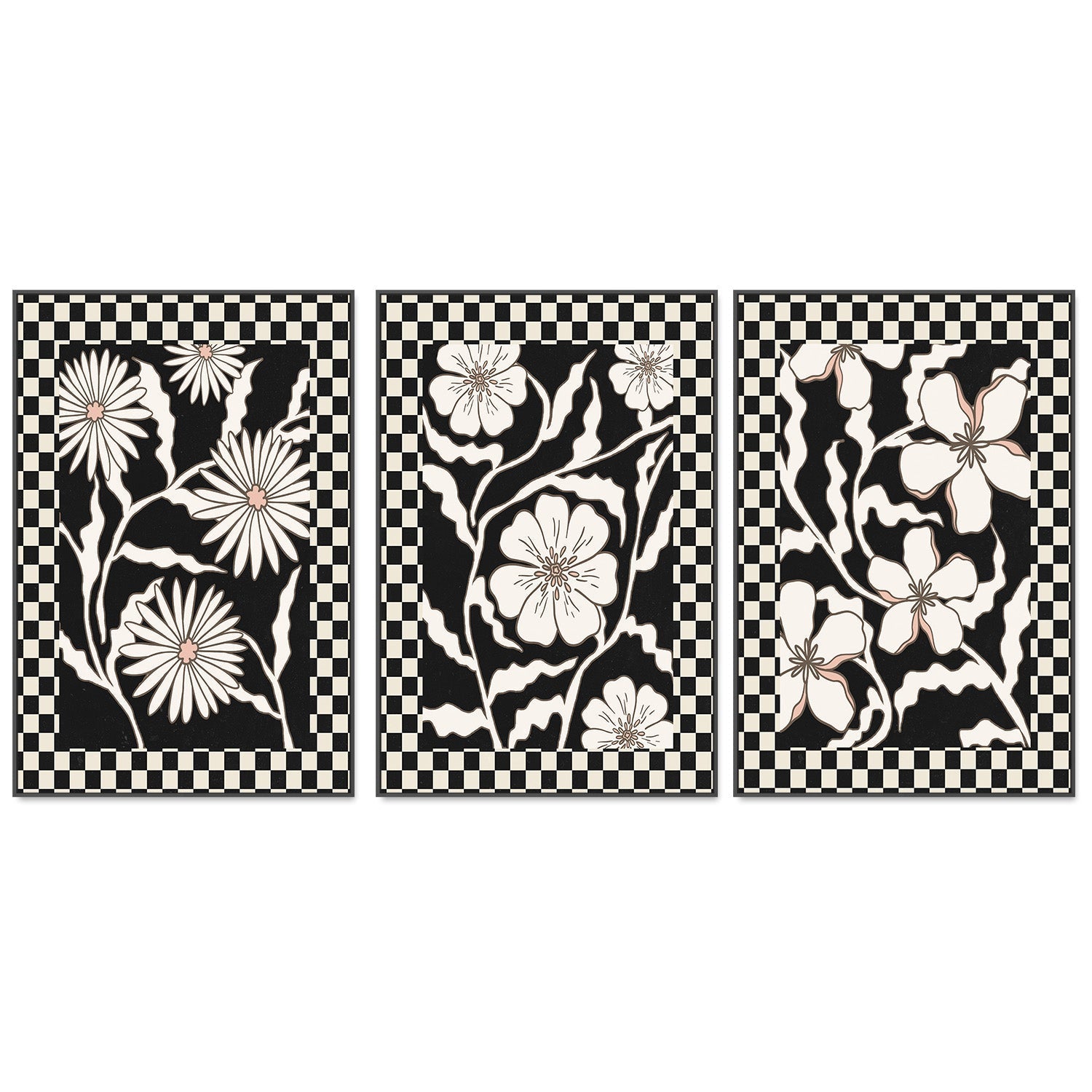 wall-art-print-canvas-poster-framed-Checker Floral, Style D, E & F, Set Of 3 , By Nina Blue-3