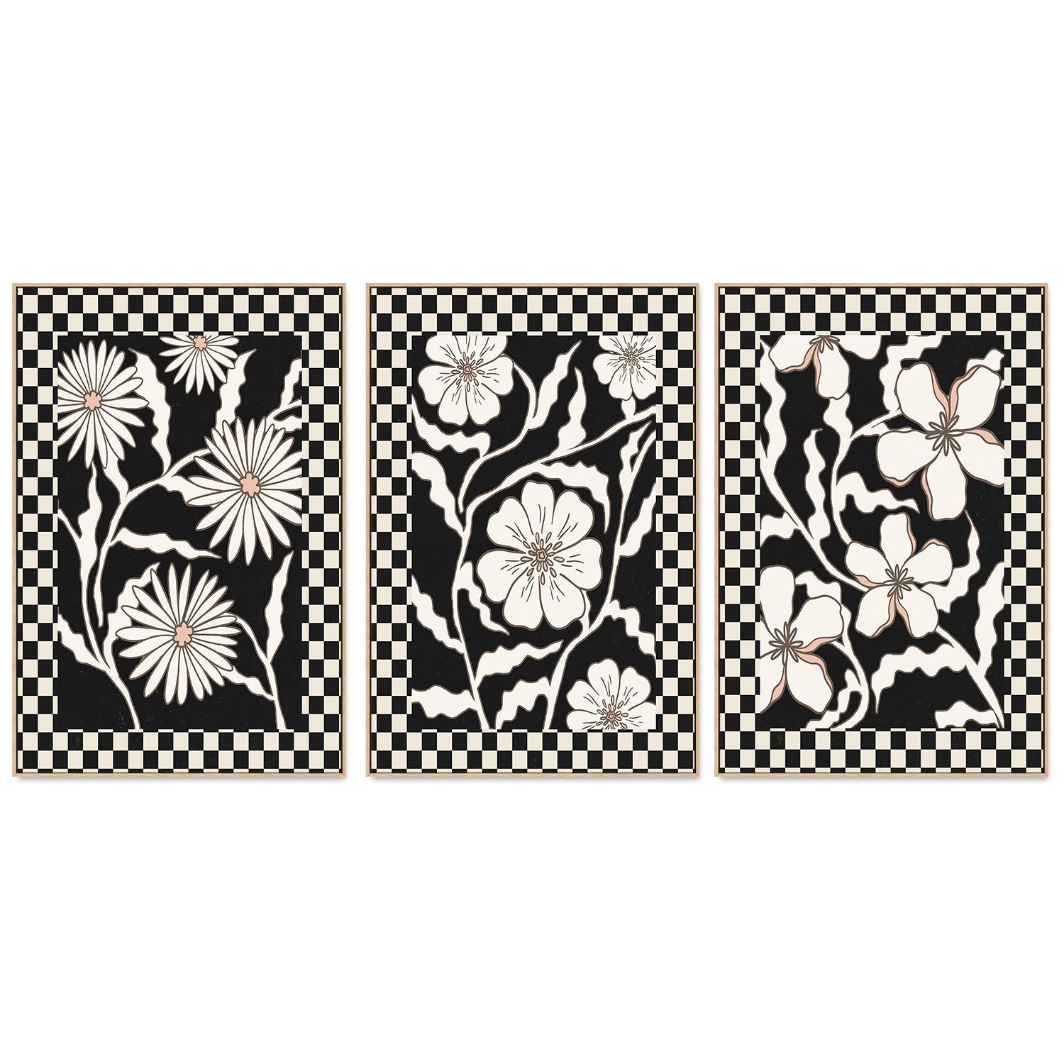 wall-art-print-canvas-poster-framed-Checker Floral, Style D, E & F, Set Of 3 , By Nina Blue-4